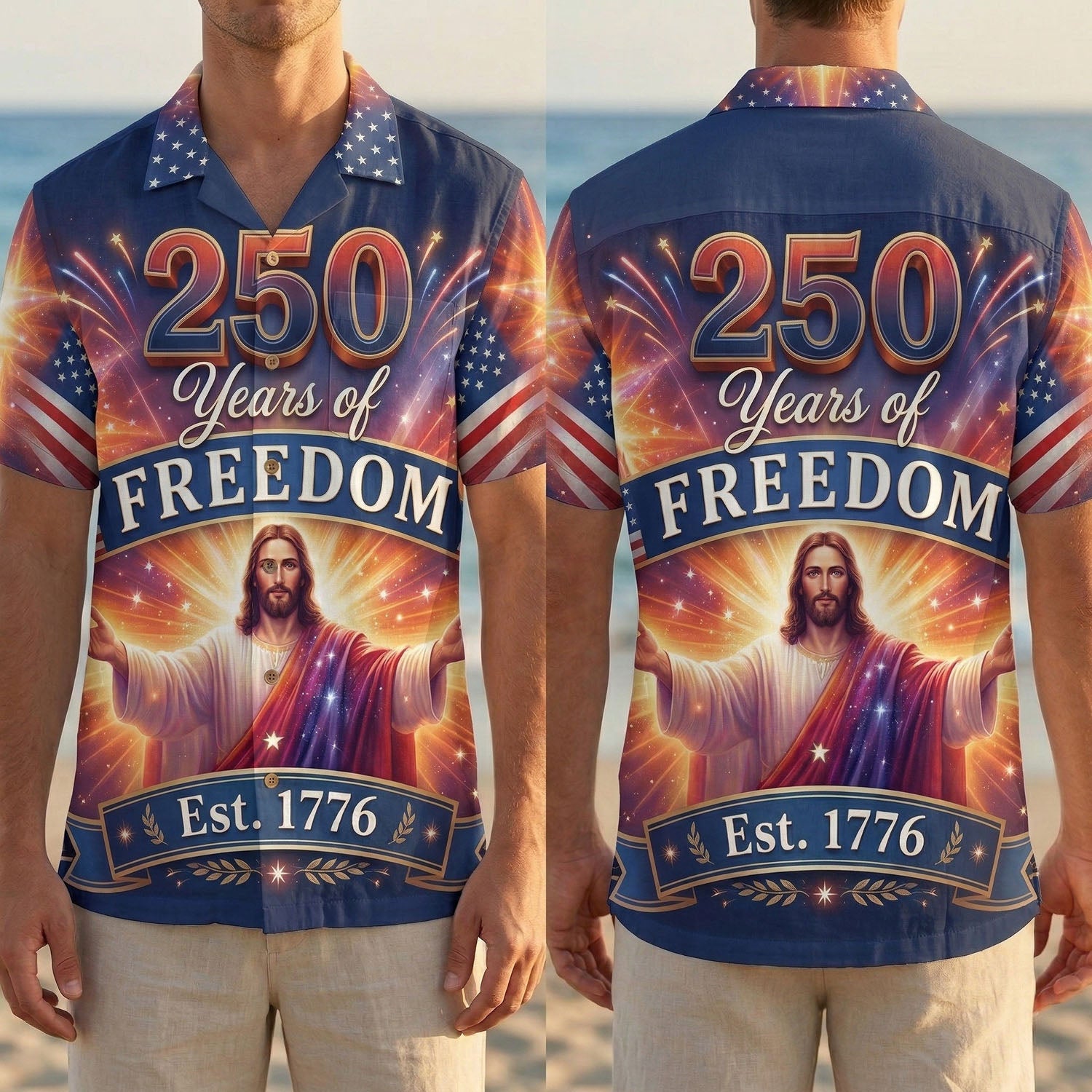 Front and back display of the patriotic Jesus anniversary shirt with star-spangled collar and celebratory fireworks design.