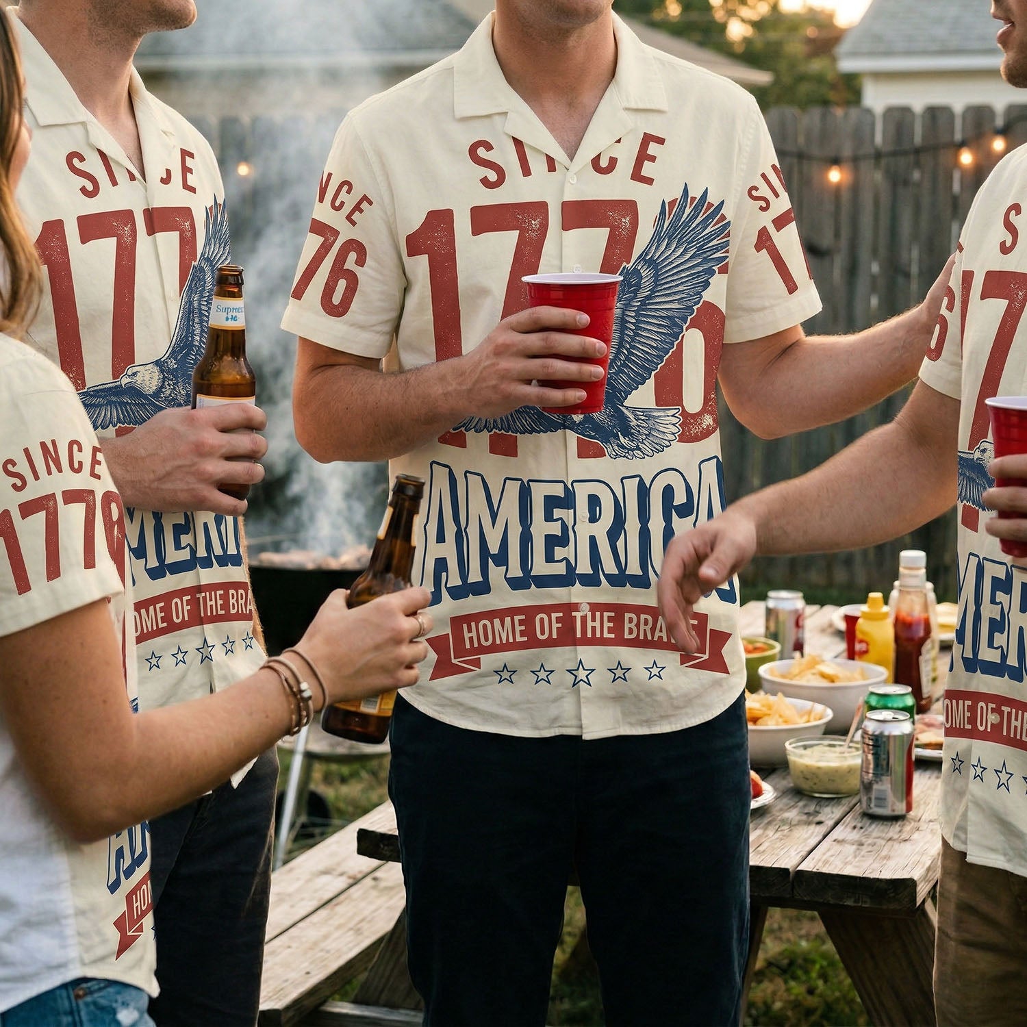 Lifestyle scene of a man wearing the vintage 1776 patriotic shirt at a Fourth of July BBQ party, highlighting comfort and style.