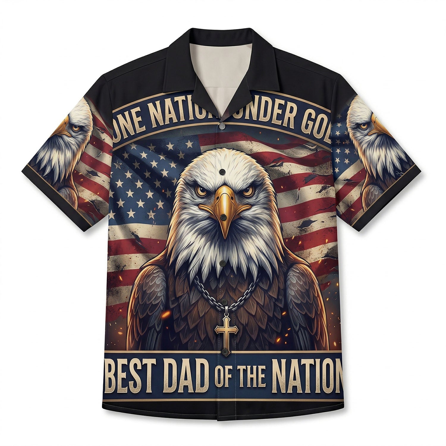 Front view of a premium black patriotic Christian Hawaiian shirt featuring a bald eagle a golden cross and Best Dad Of The Nation text