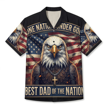 Front view of a premium black patriotic Christian Hawaiian shirt featuring a bald eagle a golden cross and Best Dad Of The Nation text