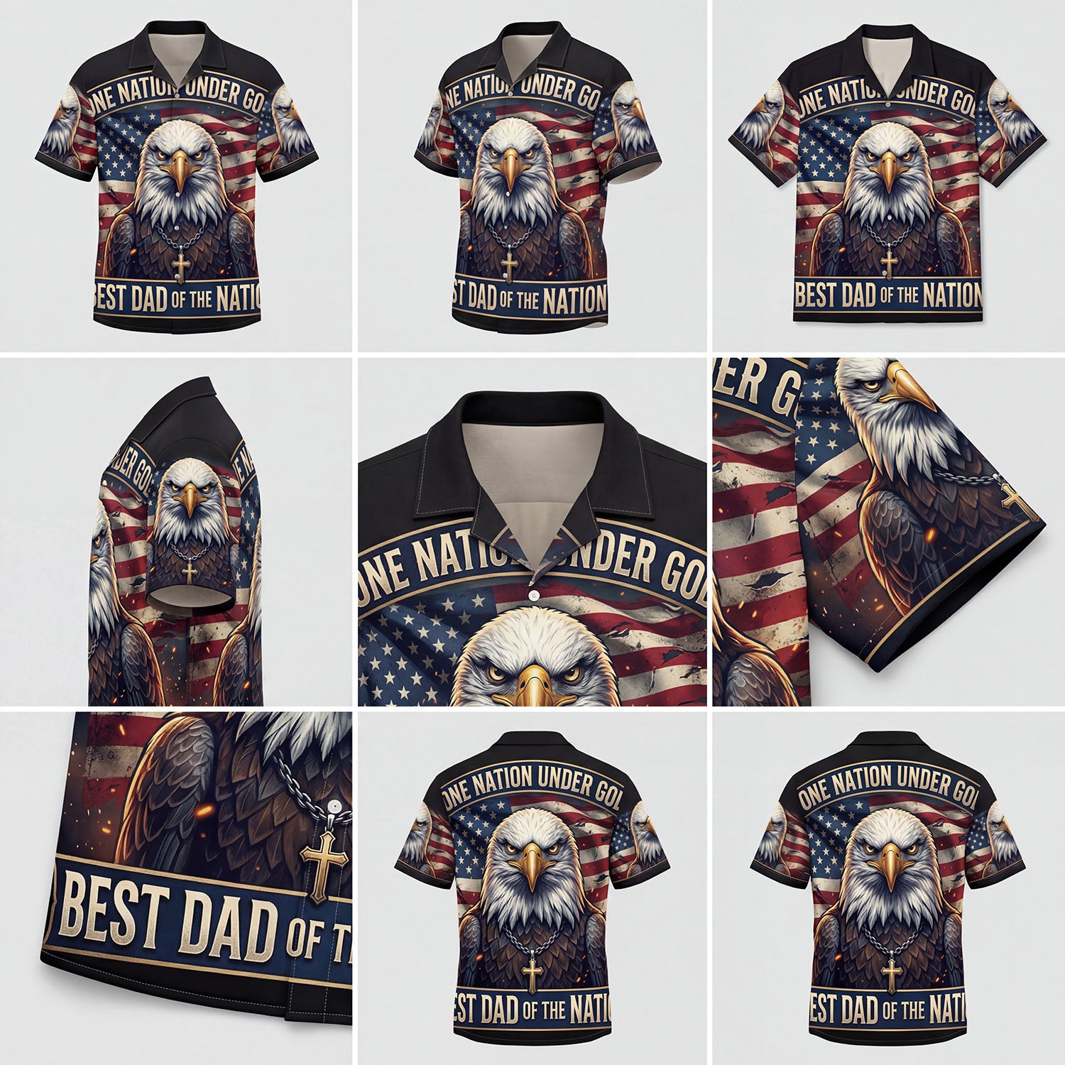 A comprehensive product mockup collage showing different angles and intricate religious patriotic details of the Best Dad One Nation Under God shirt