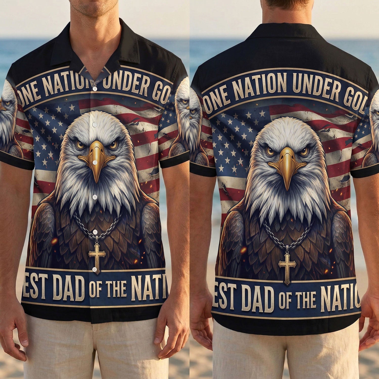 Split view display showing the full front and back design of the One Nation Under God Best Dad patriotic shirt on a male model at the beach