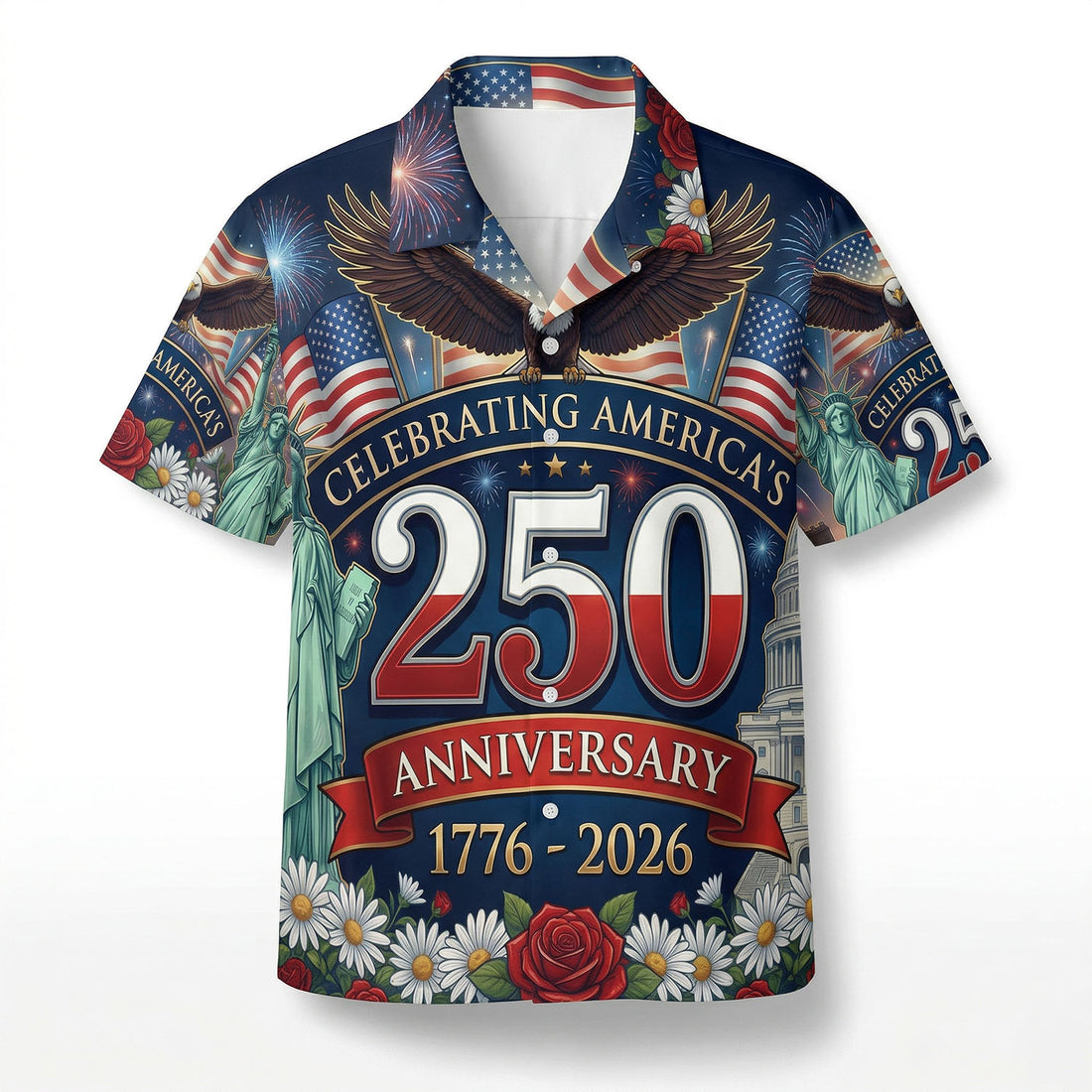 Front view of a navy blue patriotic Hawaiian shirt celebrating the US 250th anniversary with Statue of Liberty, Capitol building, and bald eagle.