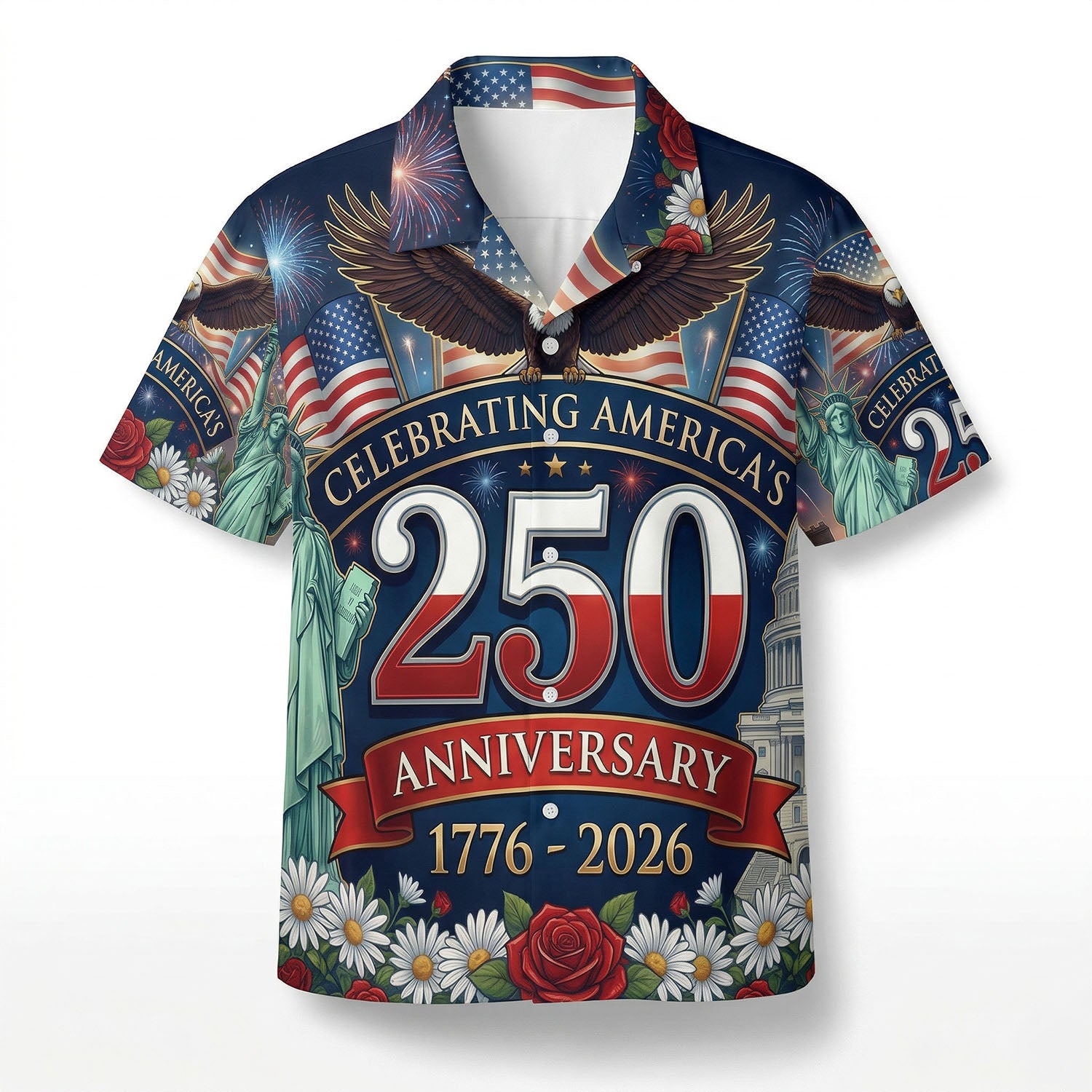 Front view of a navy blue patriotic Hawaiian shirt celebrating the US 250th anniversary with Statue of Liberty, Capitol building, and bald eagle.