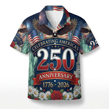 Front view of a navy blue patriotic Hawaiian shirt celebrating the US 250th anniversary with Statue of Liberty, Capitol building, and bald eagle.