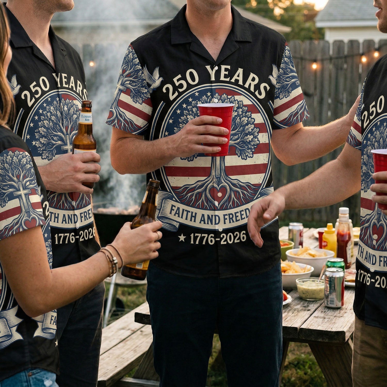 A group of friends wearing matching USA 250th anniversary Faith and Freedom Hawaiian shirts at a summer backyard BBQ.