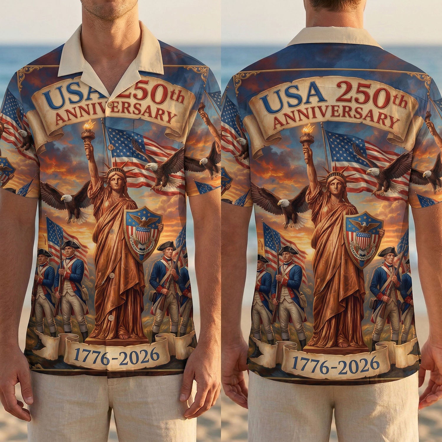 Full front and back display of the "God Bless America" 1776-2026 shirt showing Jesus, the Bald Eagle, and sacred Christian symbols.