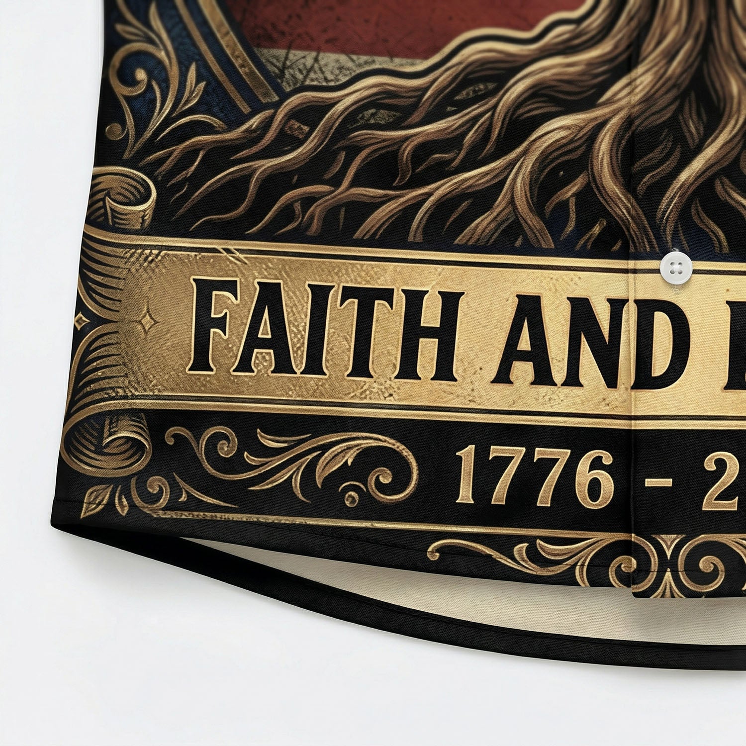 Macro close up of the premium fabric and high-definition gold-toned 3D print showing the Faith and Freedom banner and 1776-2026 timeline.