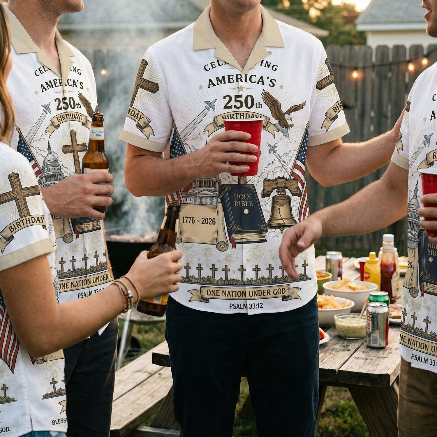 A group of people wearing matching Christian USA 250th anniversary shirts at a family backyard gathering.
