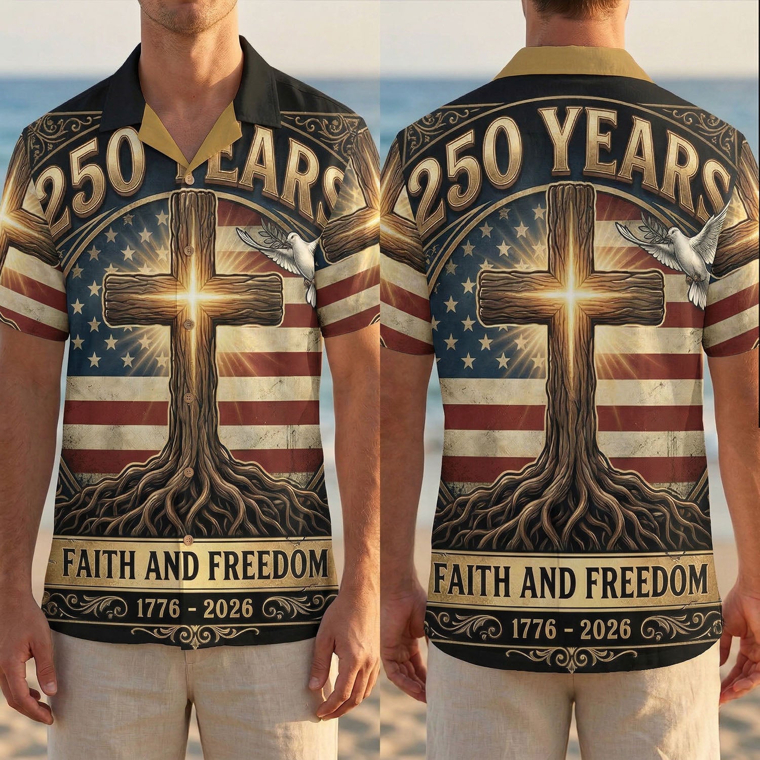 Full front and back display of the Faith and Freedom 1776-2026 patriotic Hawaiian shirt with American flag and religious cross tree design.
