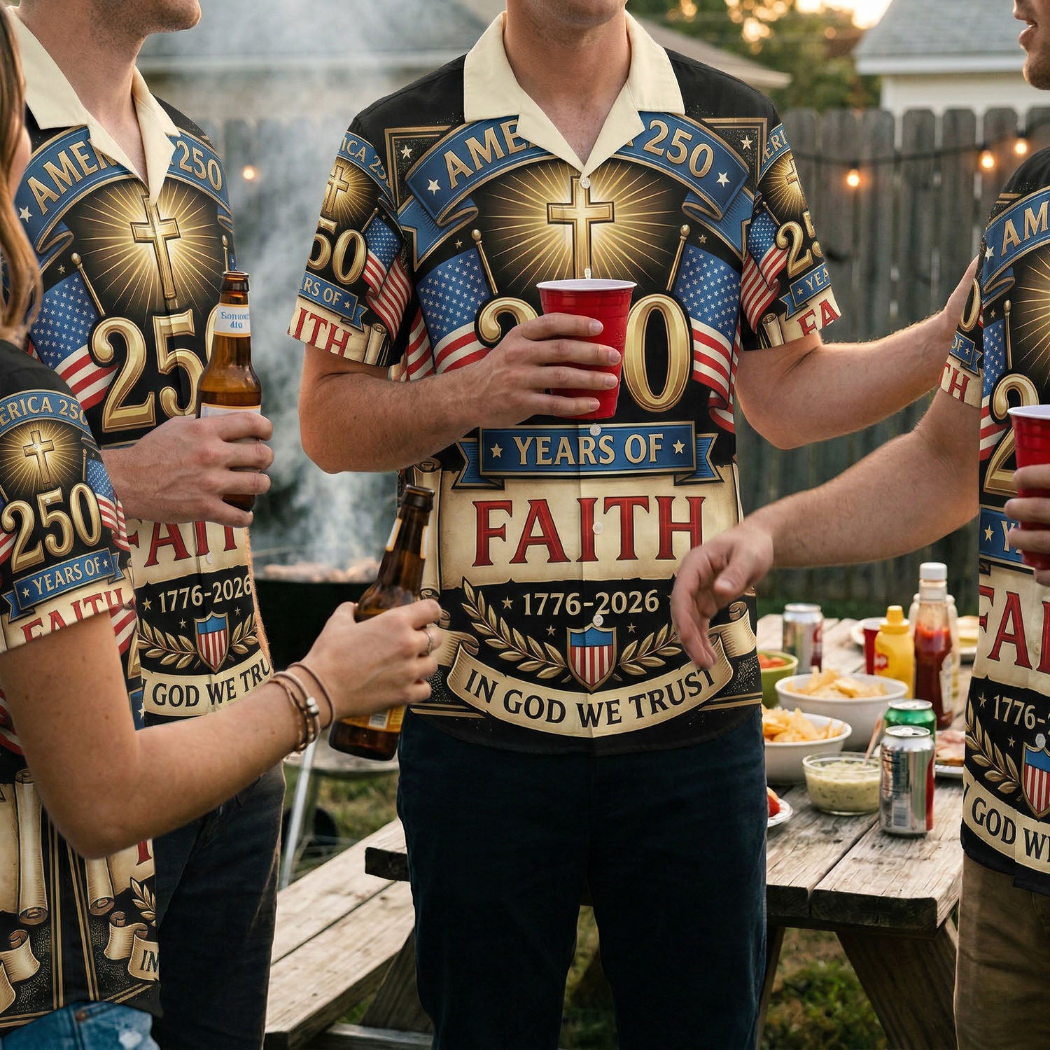 A group of people wearing matching 250 Years of Freedom Hawaiian shirts at an outdoor backyard BBQ celebration.