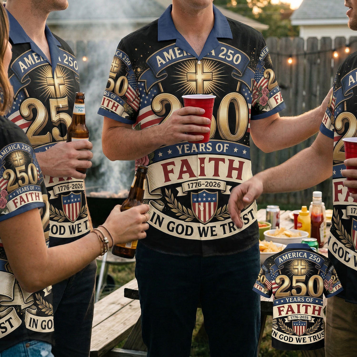 A group of people wearing matching 250 Years of Freedom Hawaiian Heritage shirts at an outdoor backyard BBQ celebration.