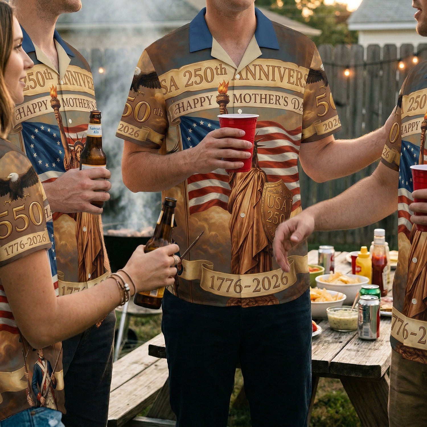 A group of people wearing matching 250 Years of Freedom Hawaiian Heritage shirts at an outdoor backyard BBQ celebration.