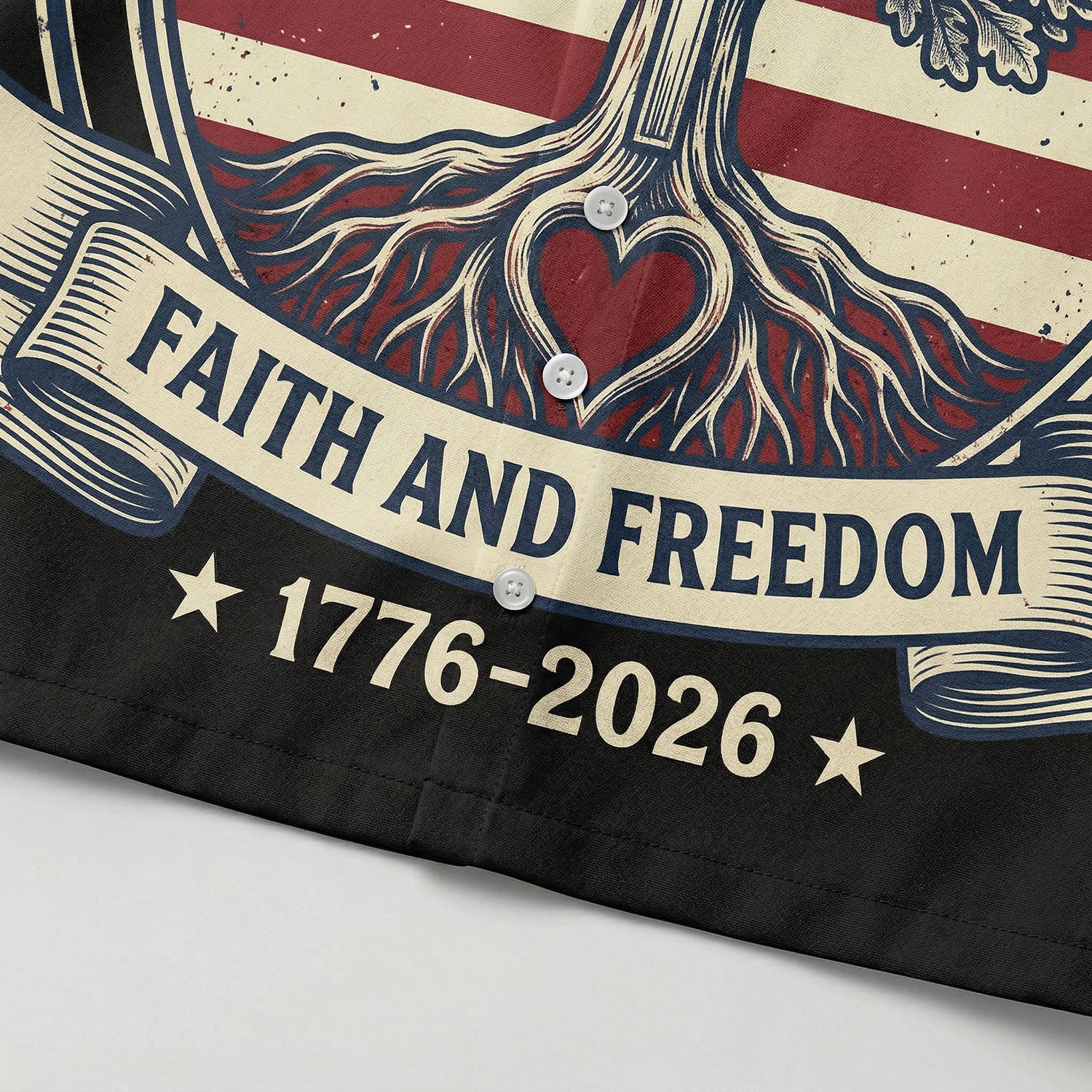 Macro close up of the premium fabric and high-quality 3D print showing the cross tree of life on the patriotic button down shirt.
