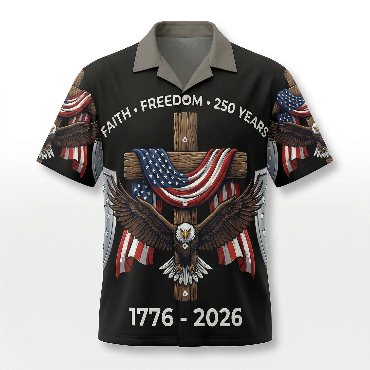 Front view of a premium black patriotic Hawaiian shirt featuring a bald eagle, wooden cross, and American flags for the 250th anniversary.
