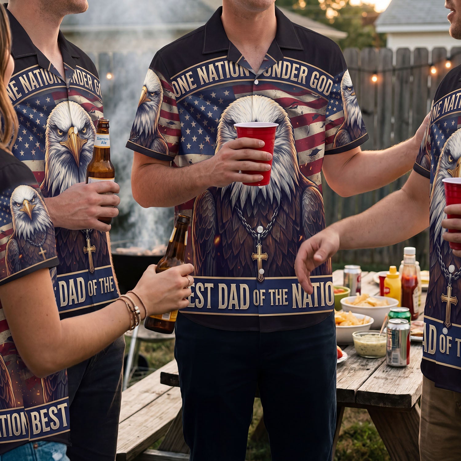 A group of friends wearing matching Best Dad Of The Nation patriotic shirts at a backyard BBQ celebration for Father's Day