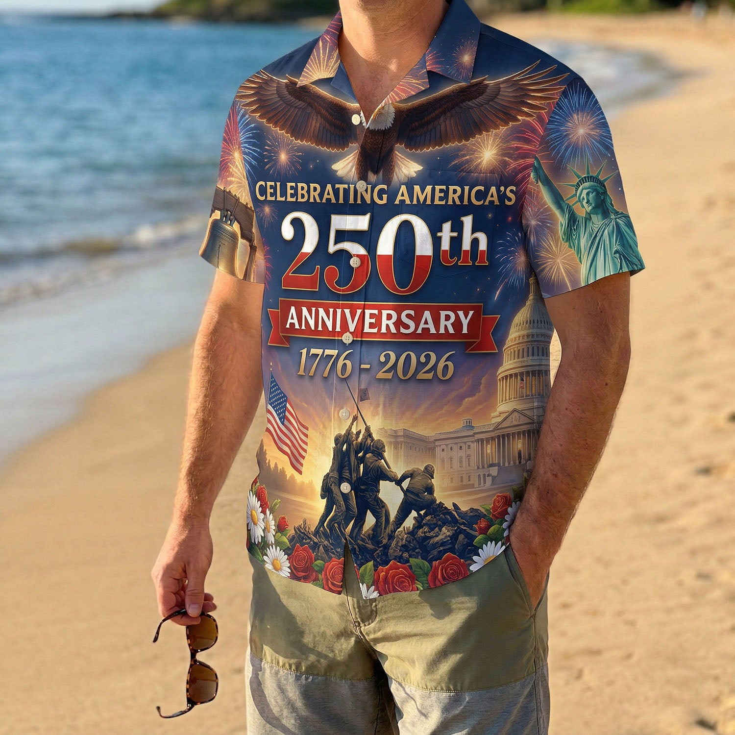 A man enjoying a summer holiday wearing the colorful USA fireworks Aloha shirt, ideal for Independence Day parades and beach parties.