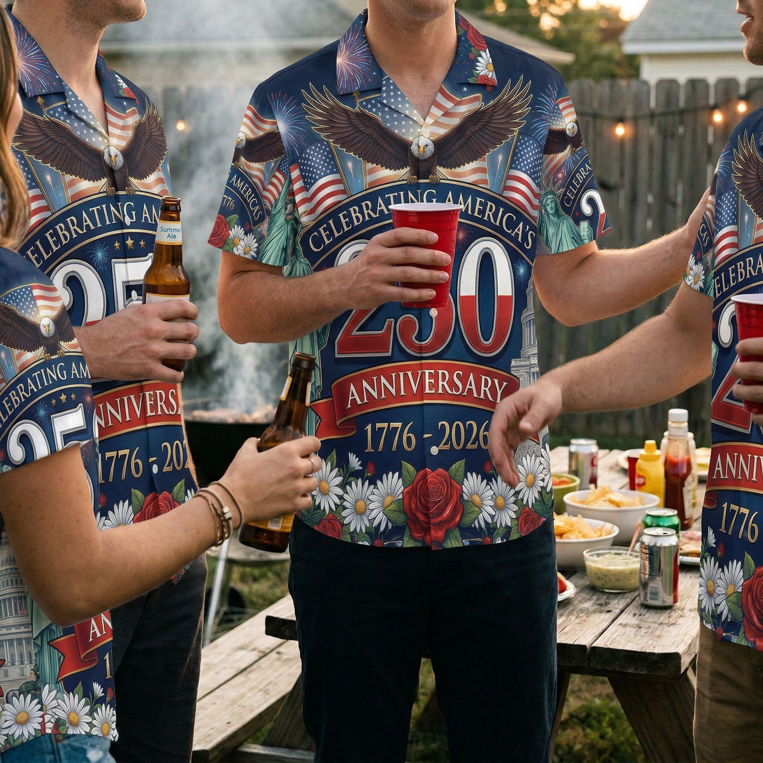 Lifestyle photography of patriots at a BBQ party wearing the 1776-2026 celebratory shirt, emphasizing community and national pride.