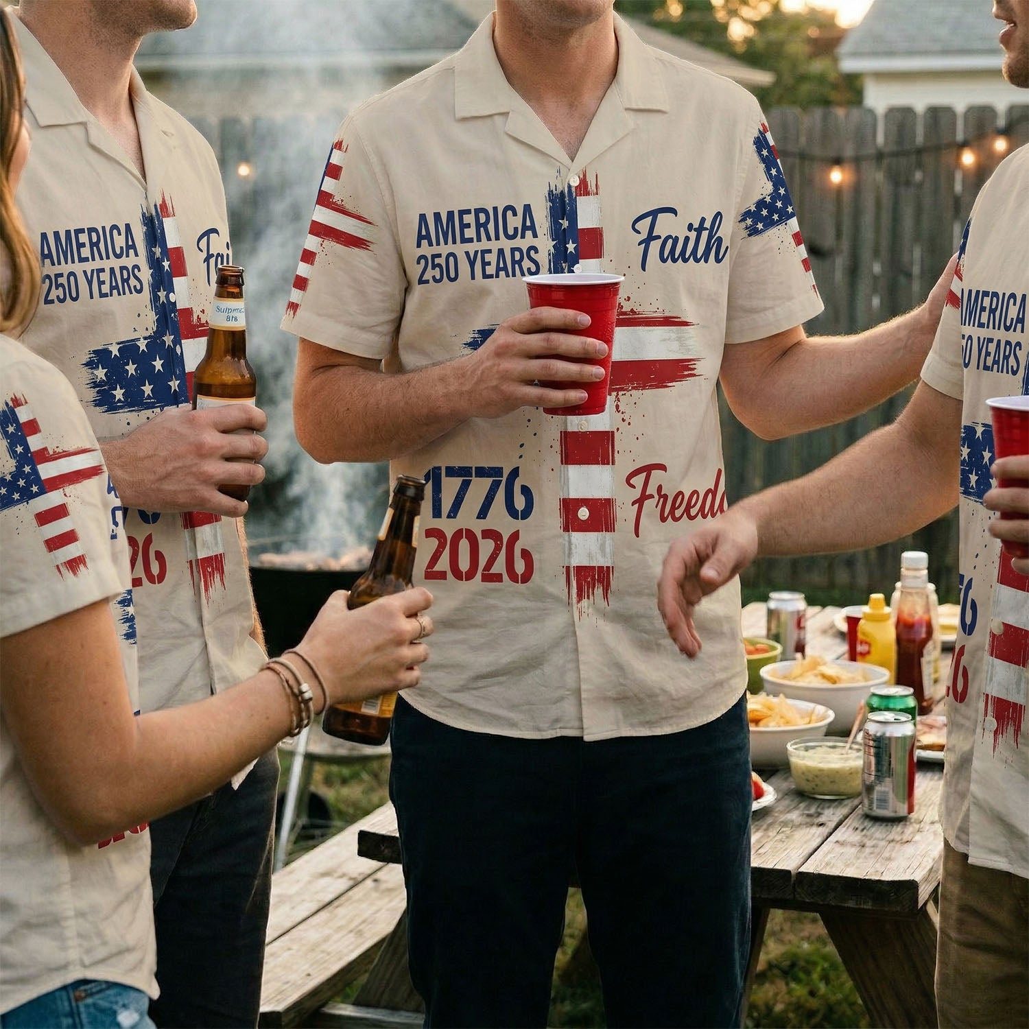 Lifestyle photography of patriots at a BBQ party wearing the Faith and Freedom anniversary shirt, emphasizing pride, faith, and American community.