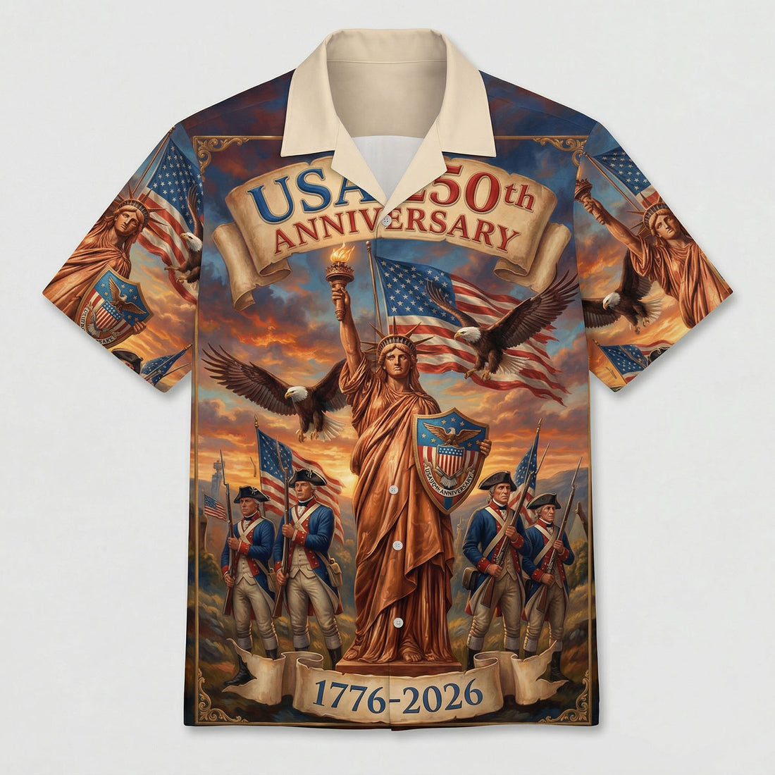 Main front view of a vintage wood-style Hawaiian Aloha shirt featuring Jesus Christ and the American flag for the 250th anniversary by TKSGift.