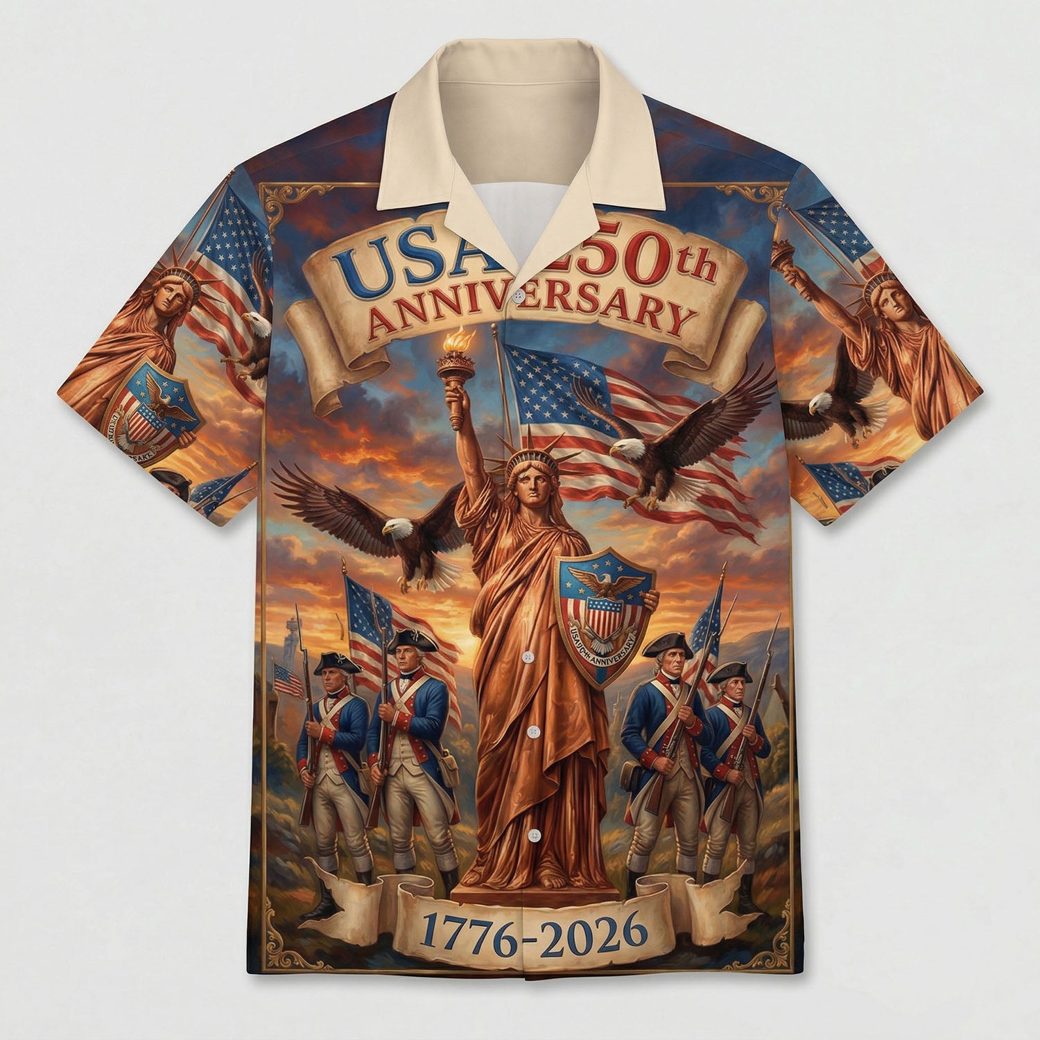 Main front view of a vintage wood-style Hawaiian Aloha shirt featuring Jesus Christ and the American flag for the 250th anniversary by TKSGift.