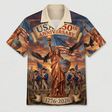 Main front view of a vintage wood-style Hawaiian Aloha shirt featuring Jesus Christ and the American flag for the 250th anniversary by TKSGift.
