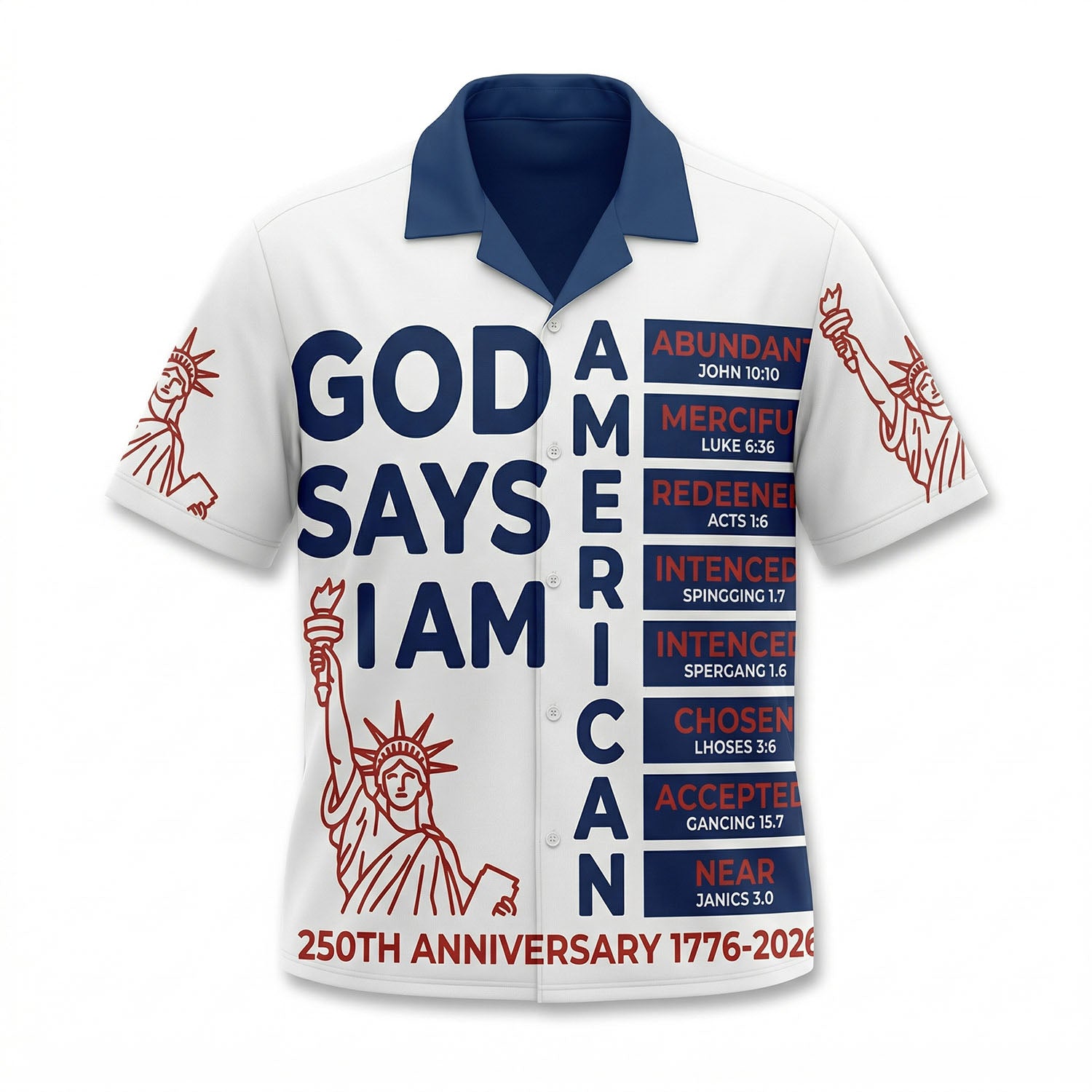 Front view of a white patriotic Hawaiian shirt with blue collar featuring the text God Says I Am American and religious scripture references for the US 250th anniversary by TKS Gift