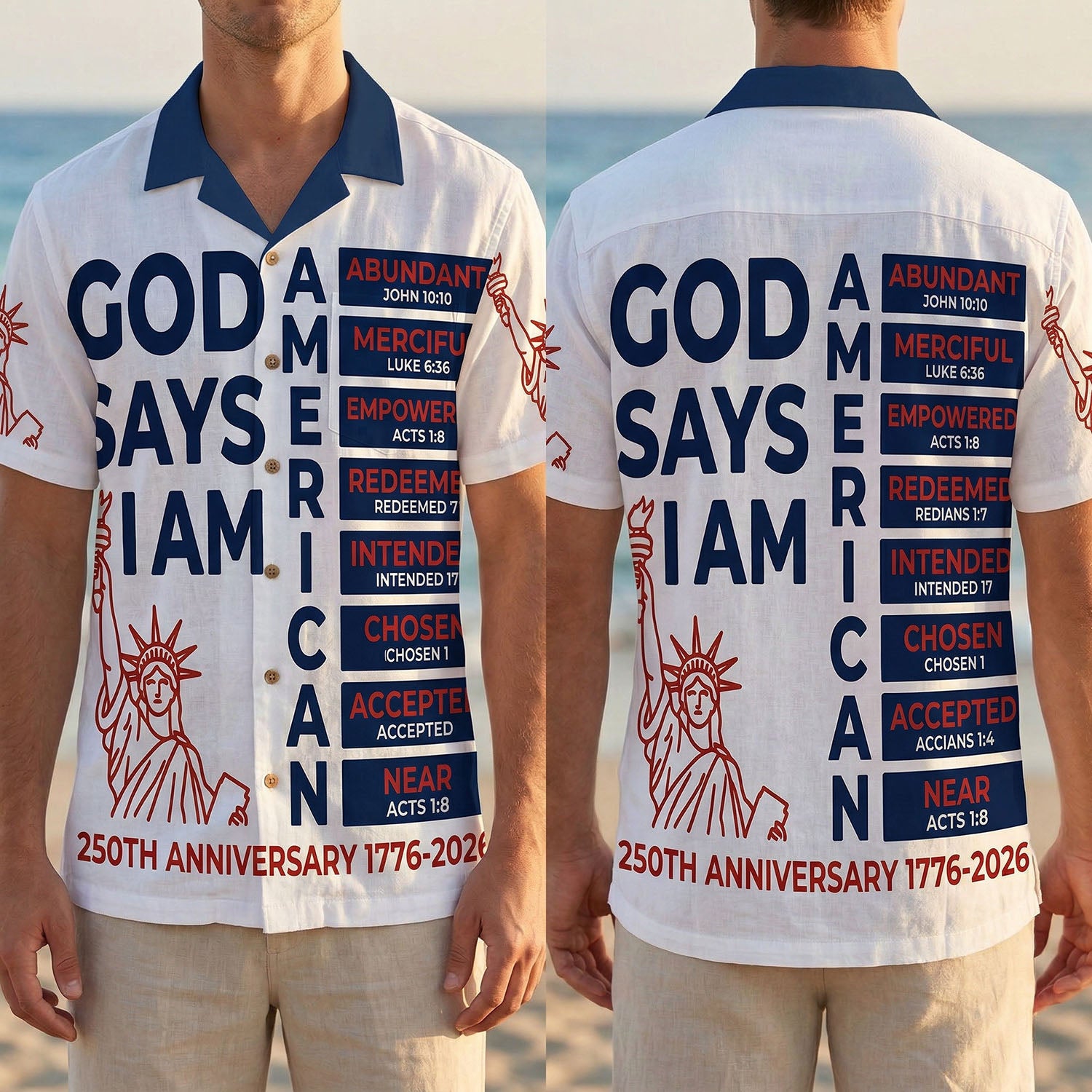 Side by side view of the front and back of the God Says I Am American 250th anniversary shirt worn by a model at the beach by TKS Gift