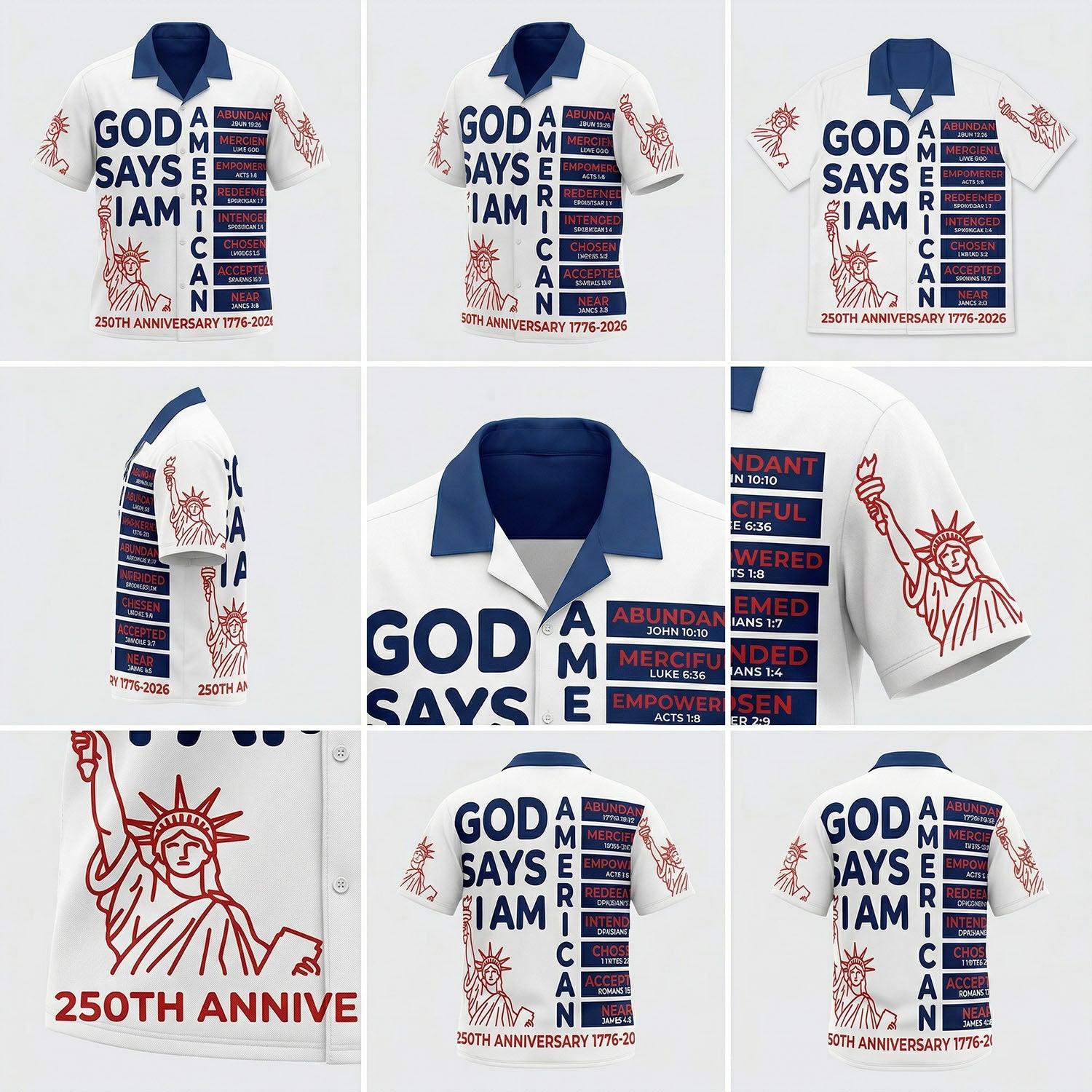 A detailed mockup collage showing multiple angles of the God Says I Am American 250th anniversary shirt including sleeve graphics and scripture list by TKS Gift