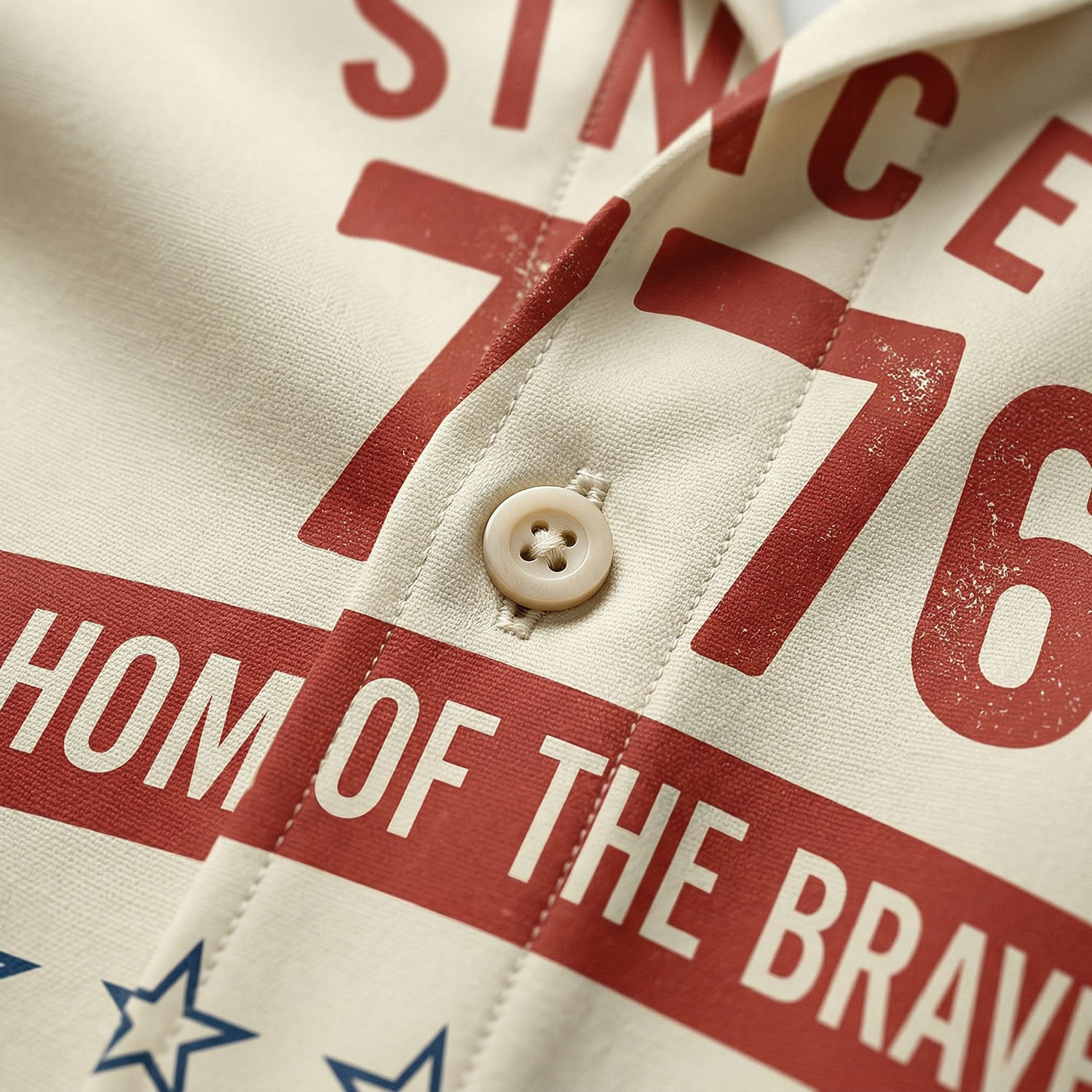 Macro shot of premium fabric texture and buttons on a beige patriotic Hawaiian shirt, emphasizing durable and breathable material.