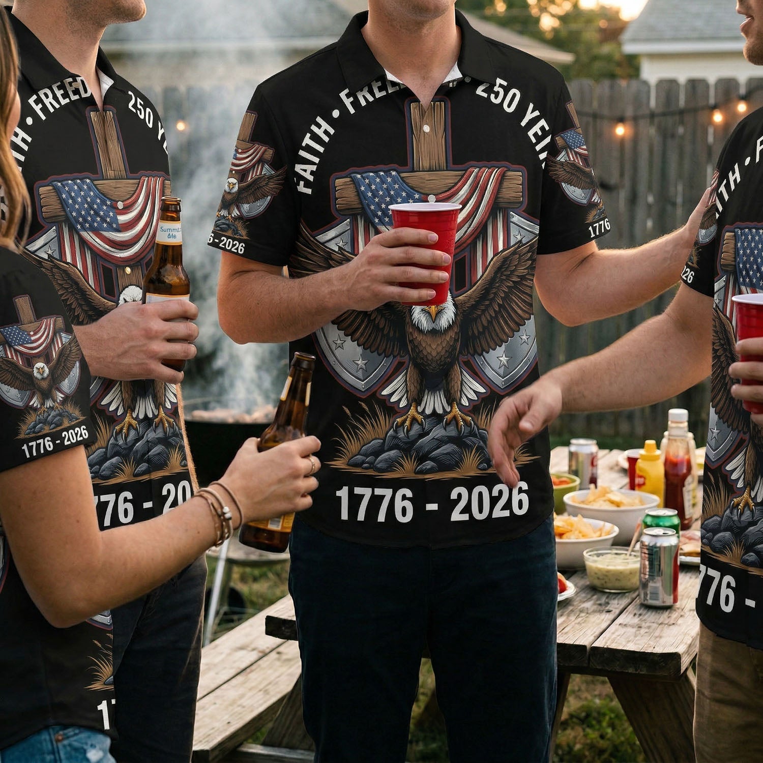 A group of people wearing matching American Eagle and flag patriotic Hawaiian shirts at an outdoor backyard BBQ celebration.