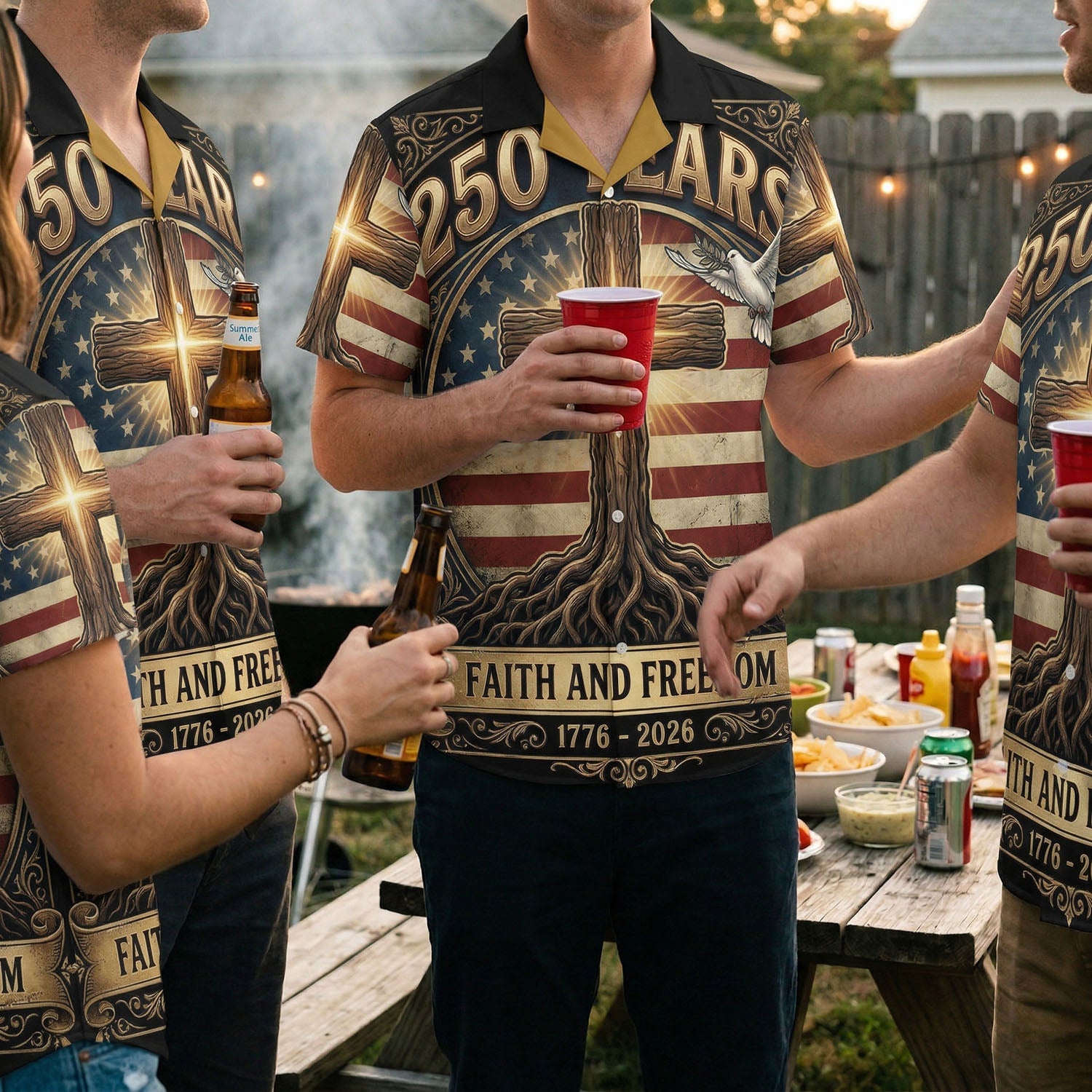 A group of people wearing matching USA 250th anniversary Faith and Freedom Hawaiian shirts at an outdoor summer BBQ gathering.