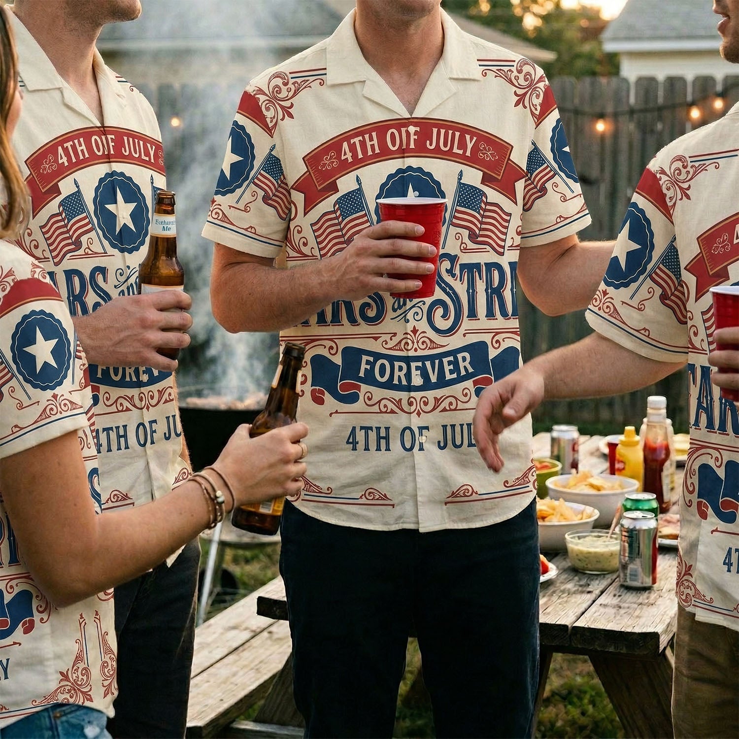 A group of people wearing matching 4th of July Stars and Stripes Hawaiian shirts at an outdoor backyard BBQ celebration.