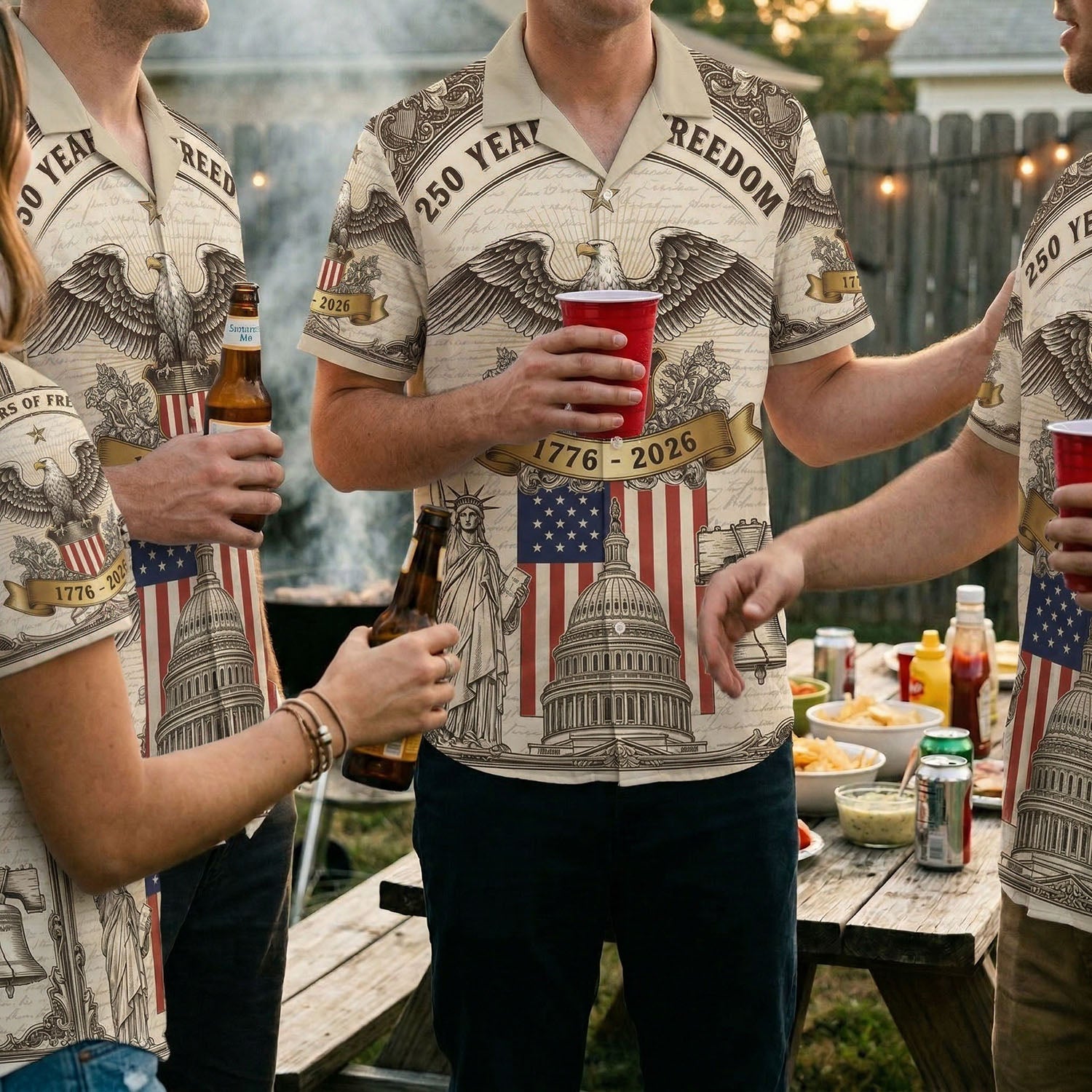 A group of people wearing matching USA 250th anniversary striped shirts at an outdoor backyard BBQ celebration