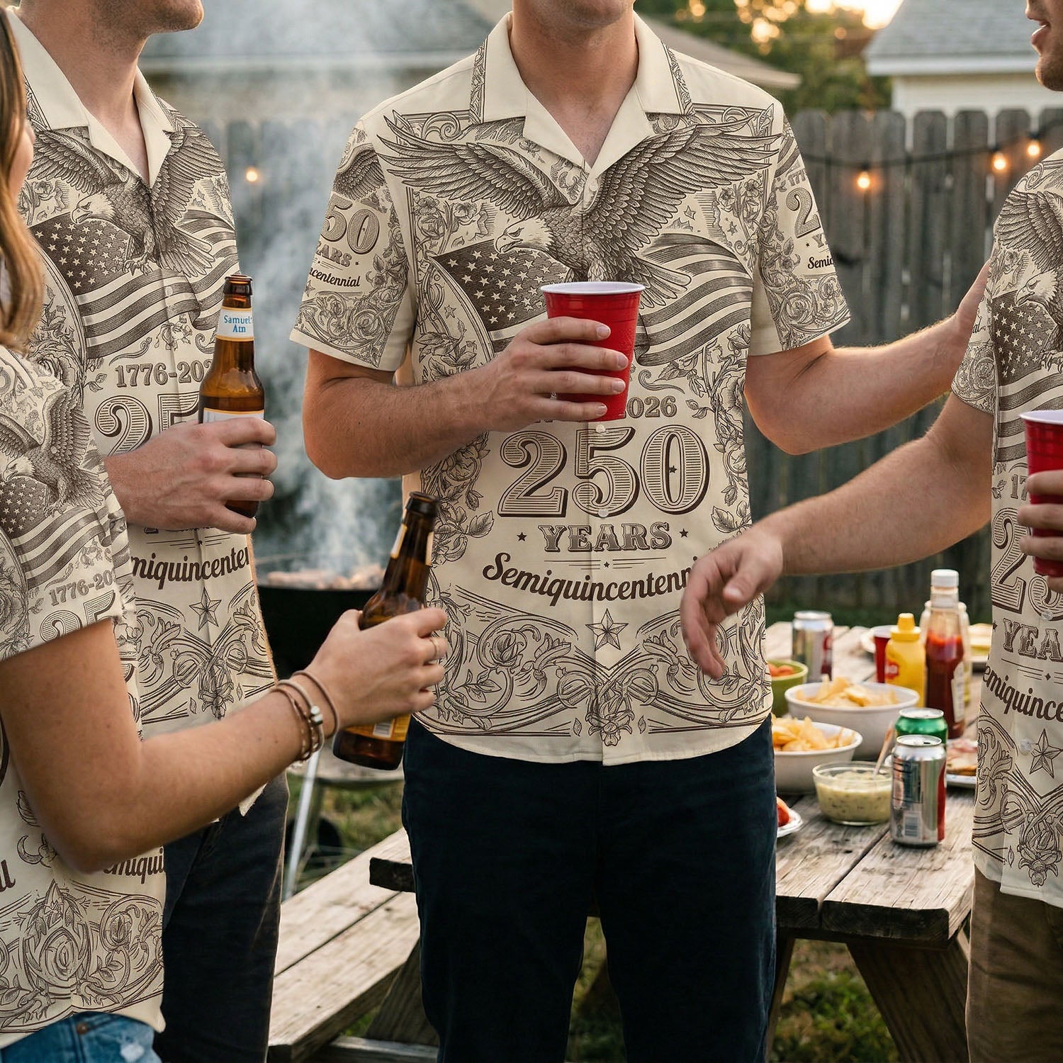 A group of friends wearing matching US 250th anniversary shirts at a backyard BBQ, representing a festive and commemorative American spirit.