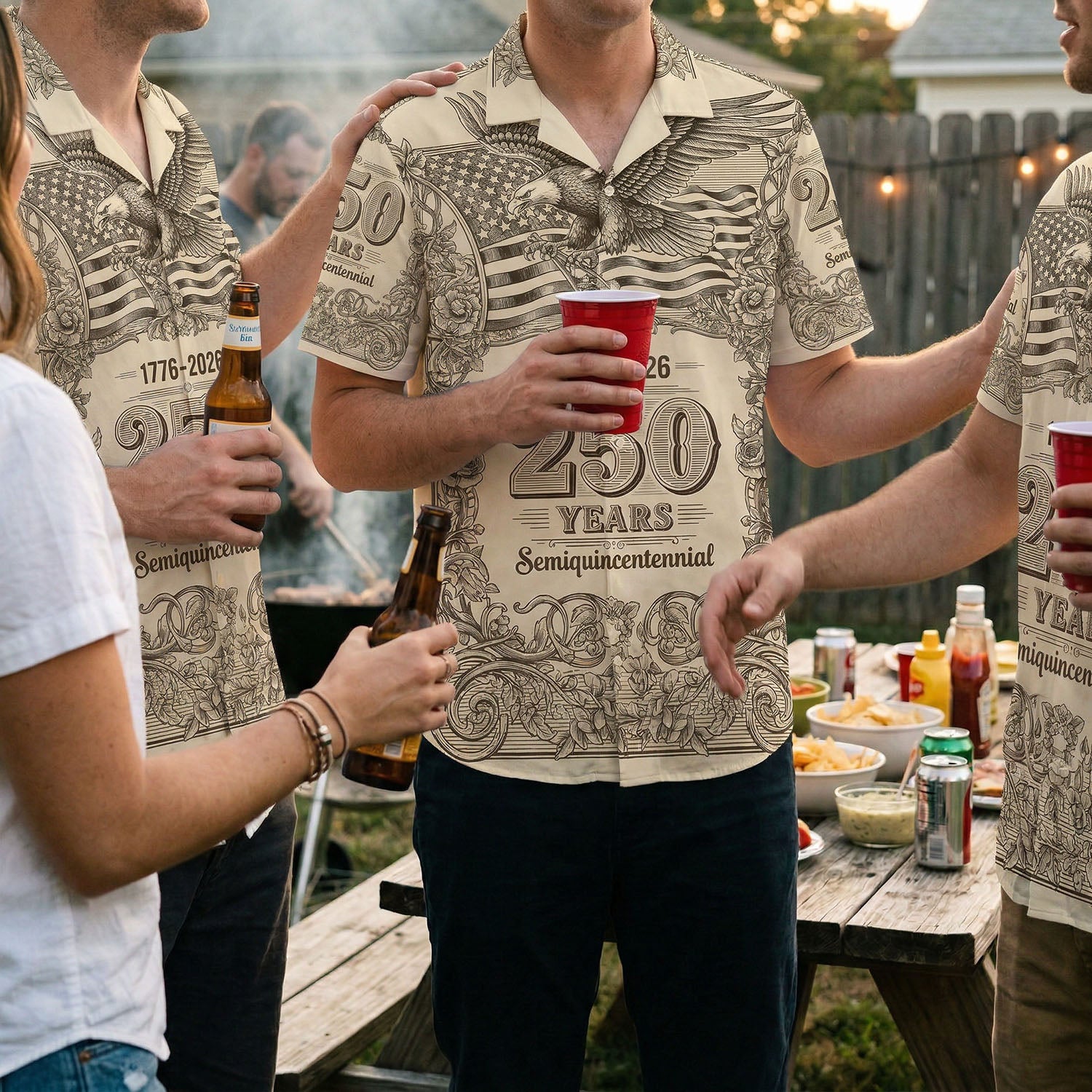 A group of friends wearing matching 1776-2026 commemorative shirts at a backyard barbecue celebration, representing a festive American spirit.
