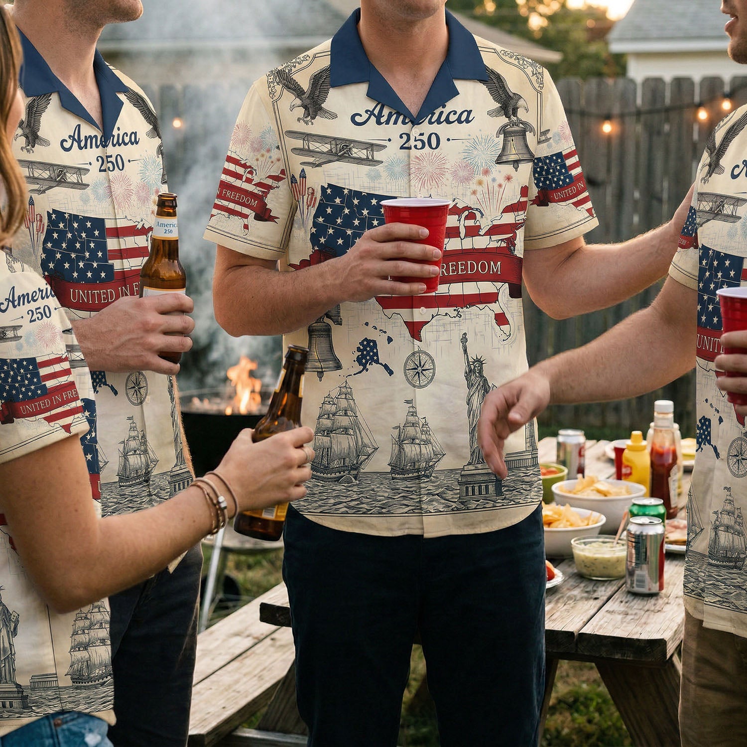 A group of friends wearing matching America 250 patriotic shirts at a backyard BBQ celebration for the US 250th anniversary