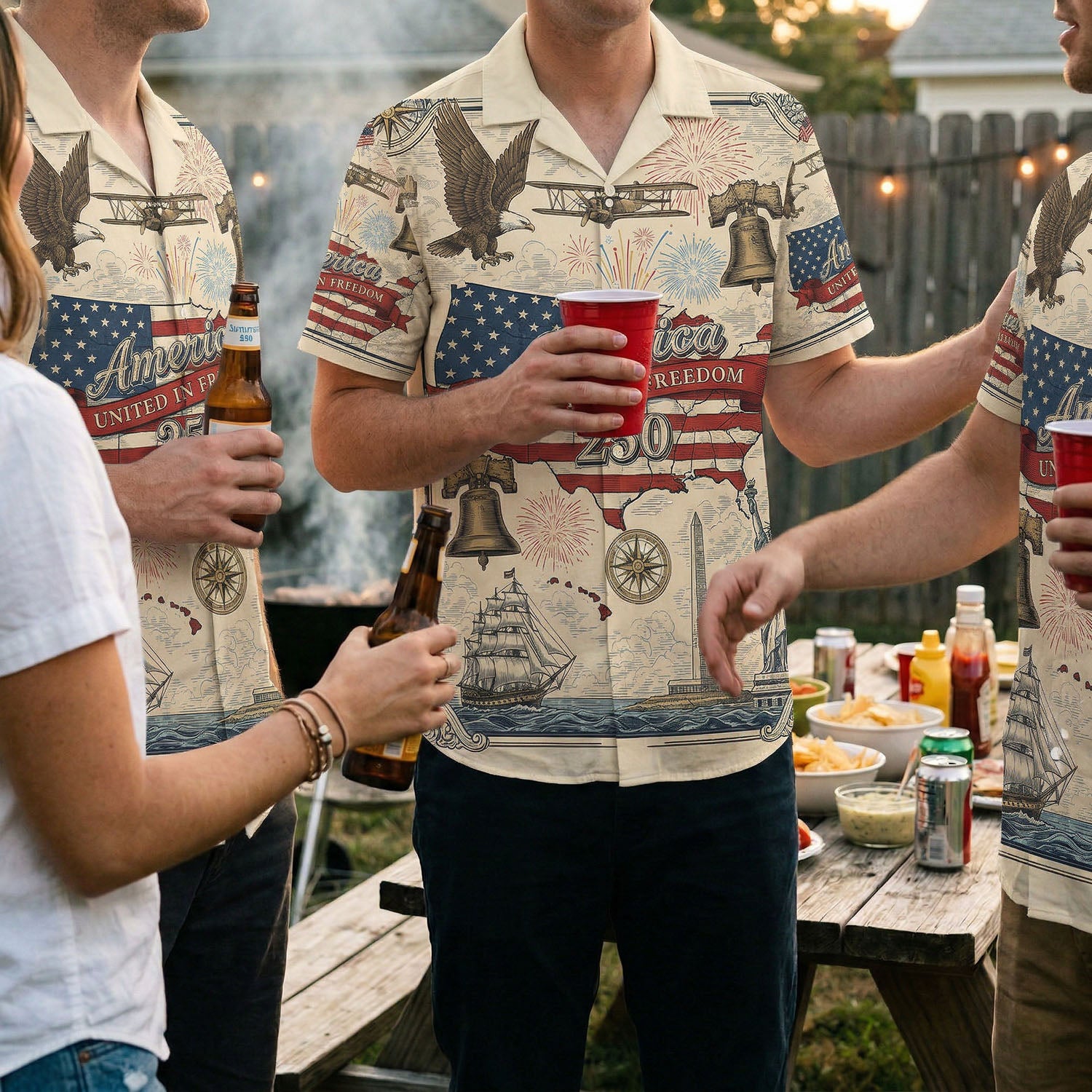 A group of friends wearing matching America The Beautiful patriotic shirts at a backyard BBQ celebration for the US 250th anniversary