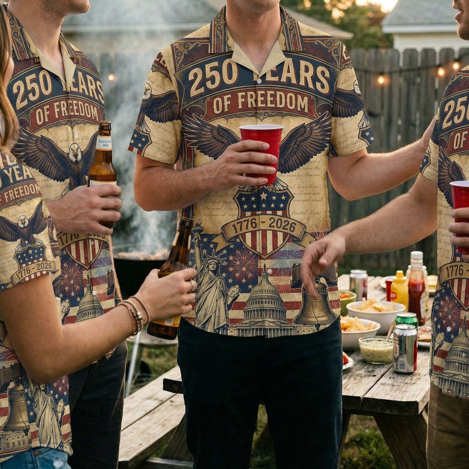 A group of friends wearing matching USA 250th anniversary patriotic shirts at a backyard BBQ celebration for the US 250 year birthday