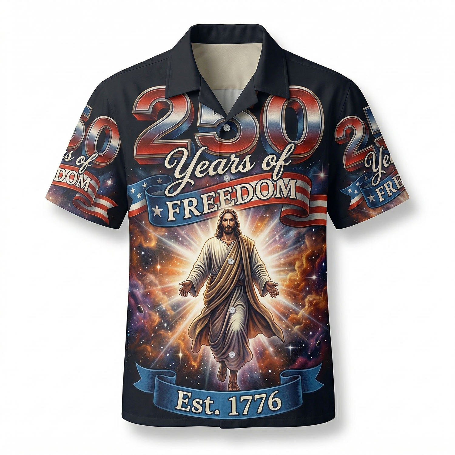 Front view of black Jesus Christ patriotic Hawaiian shirt with 250 Years of Freedom and Est. 1776 text for American anniversary.