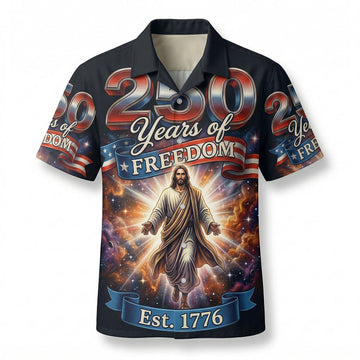 Front view of black Jesus Christ patriotic Hawaiian shirt with 250 Years of Freedom and Est. 1776 text for American anniversary.