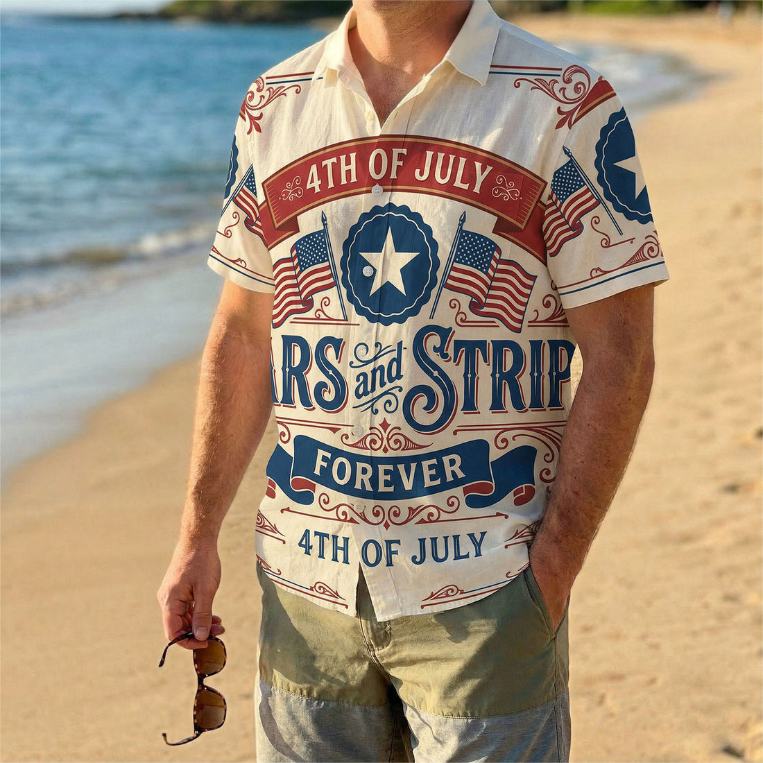 Main front view of a vintage cream-colored patriotic Hawaiian shirt featuring Stars and Stripes Forever design for 4th of July by TKSGift.