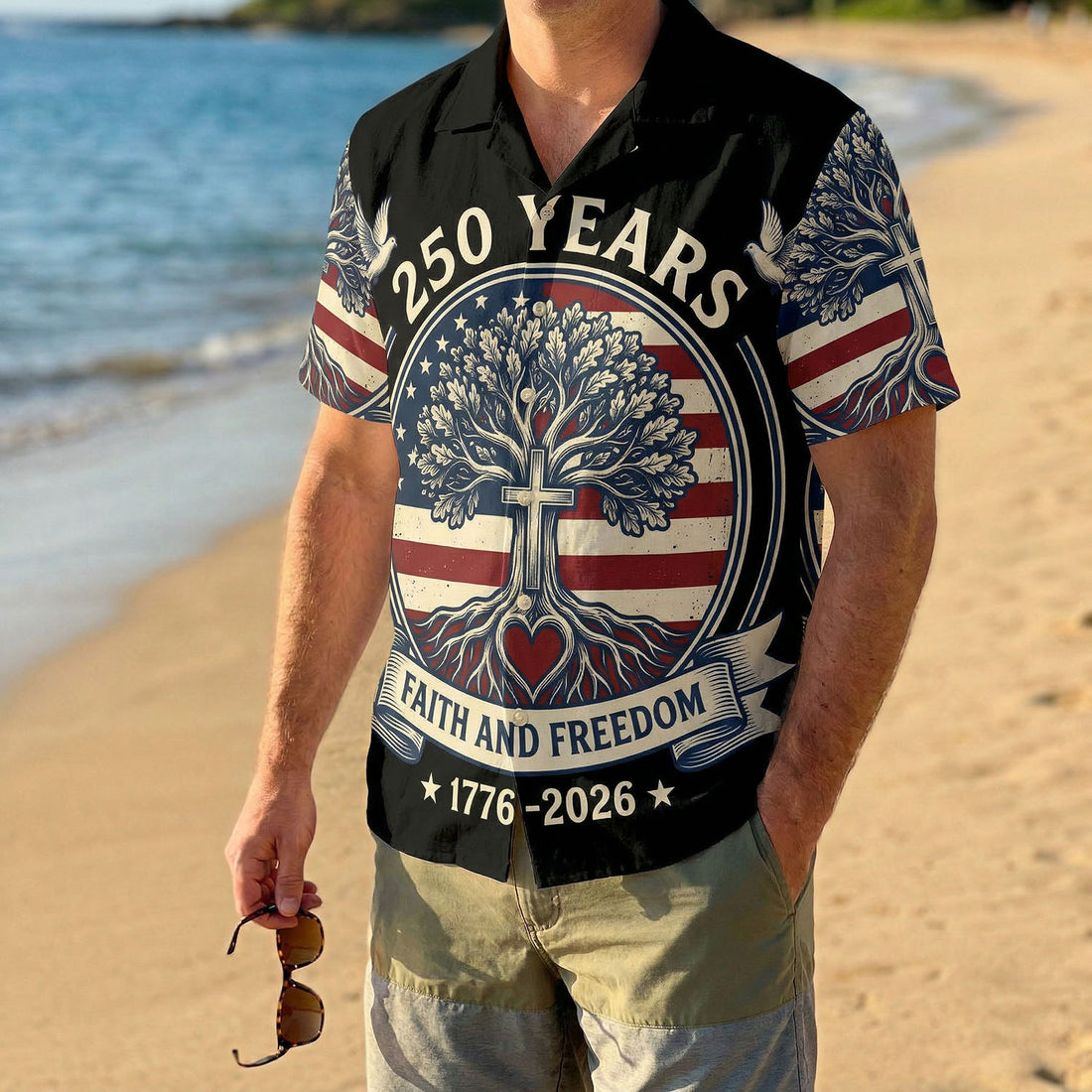 Main front view of a black patriotic Hawaiian Aloha shirt featuring a Christian cross tree of life for USA 250th anniversary by TKSGift.