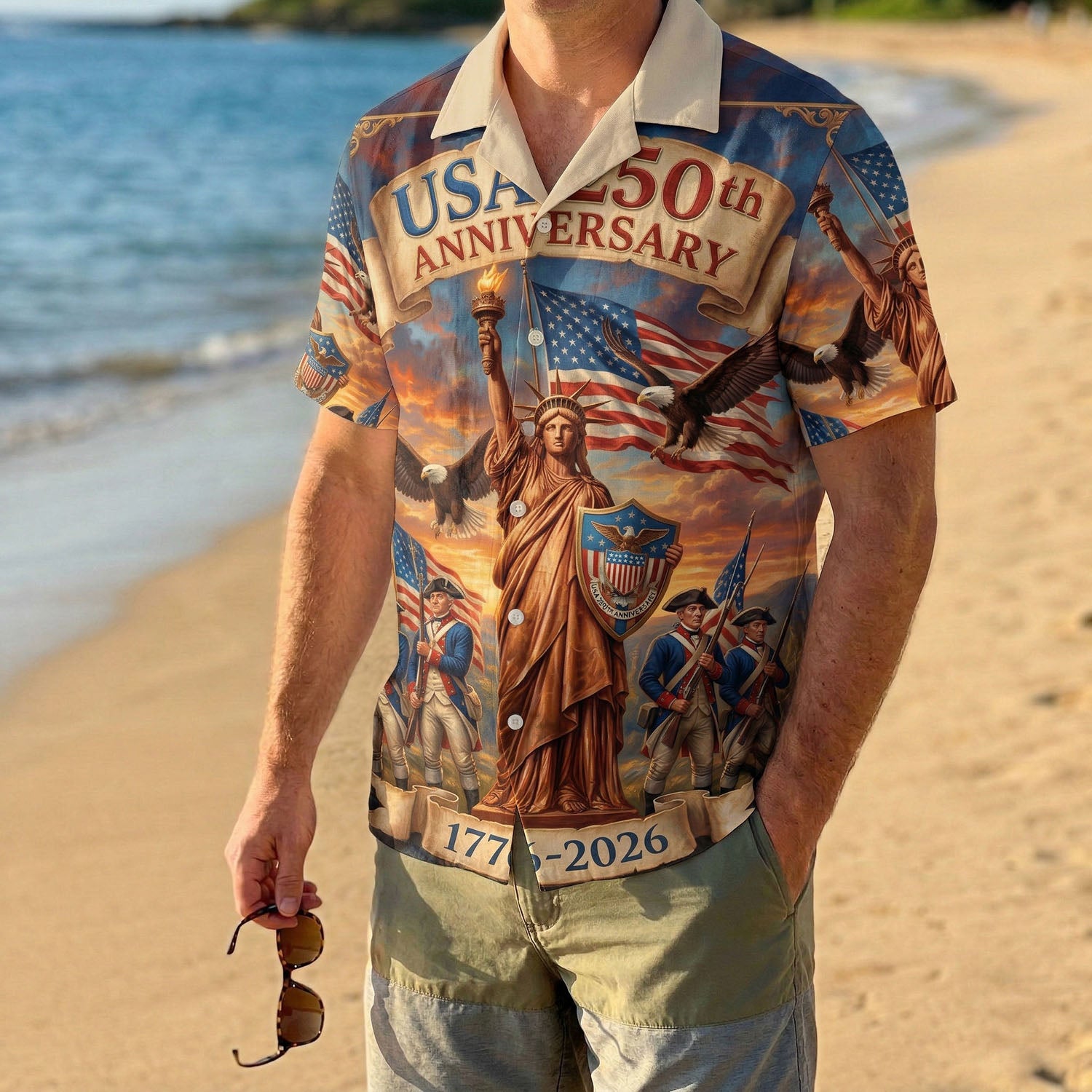 A male model wearing the rustic Christian patriotic Aloha shirt outdoors, showcasing a meaningful and dignified American style.