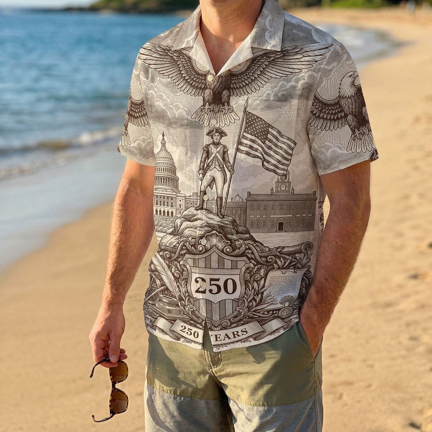 A male model wearing the navy blue "We The People" Aloha shirt, showcasing a sophisticated and meaningful American heritage style.