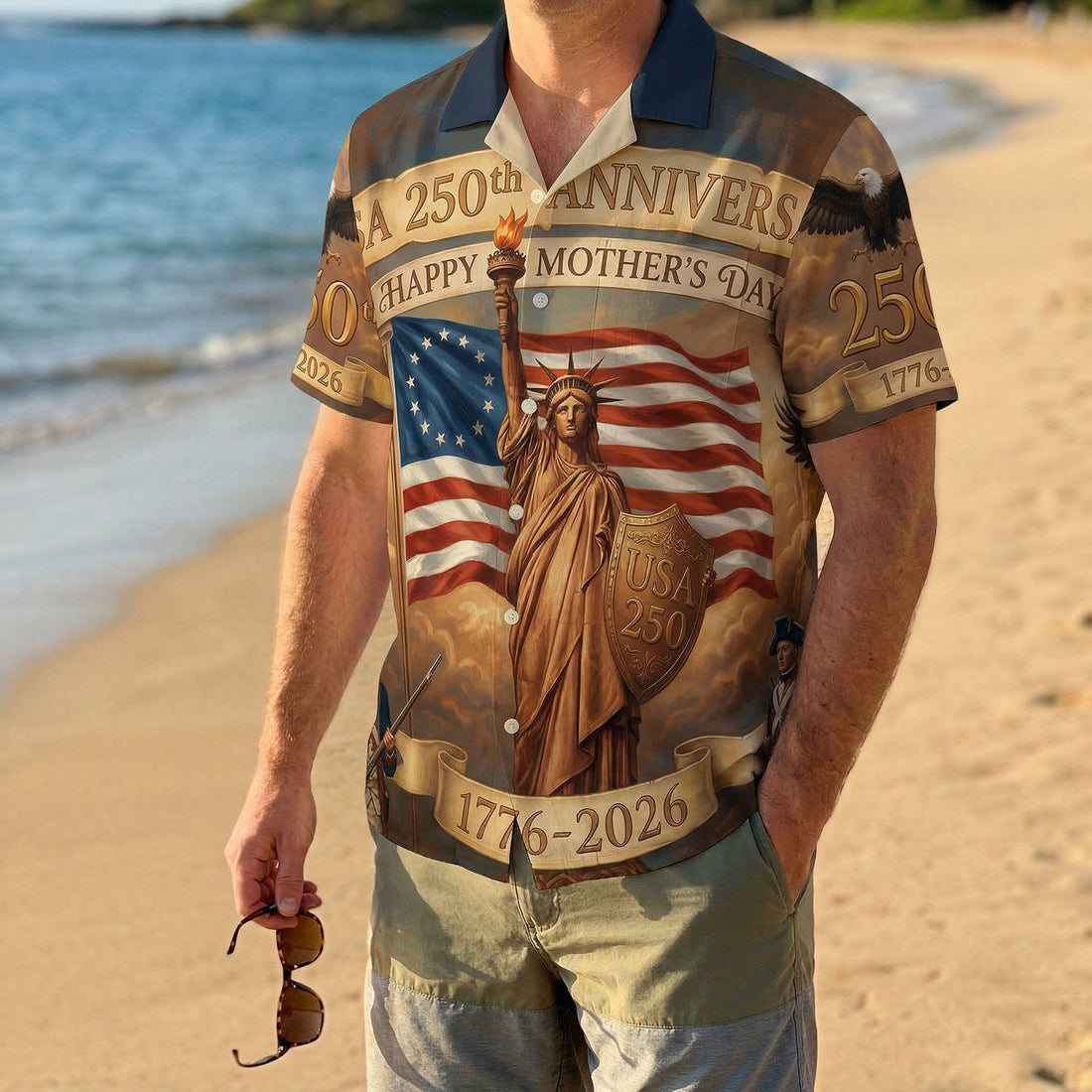 Main front view of a vintage patriotic Hawaiian Aloha shirt featuring "One Nation Under God" and 1776-2026 freedom anniversary heritage design by TKSGift.
