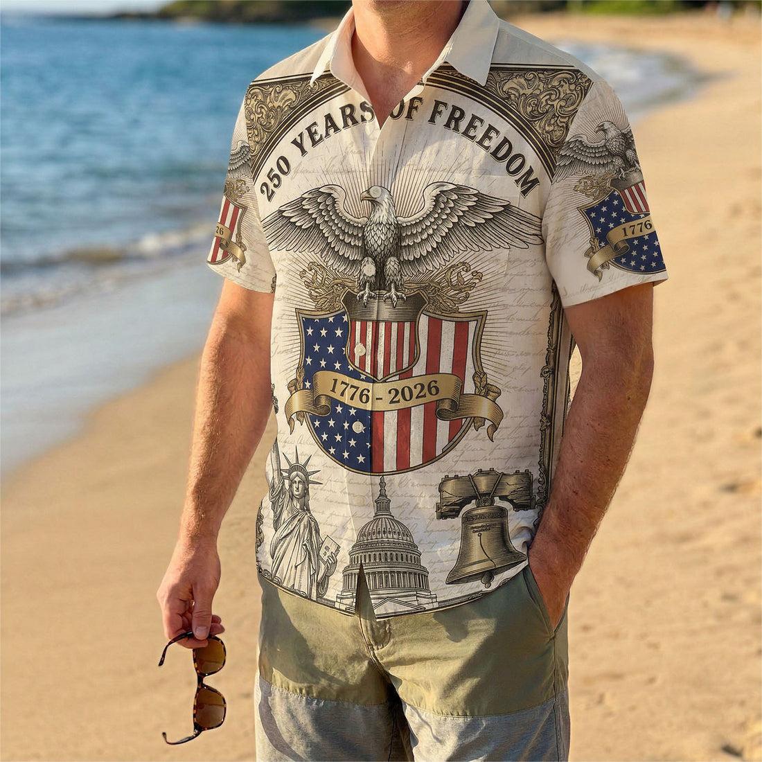250 Years of Freedom 1776 2026 Patriotic Hawaiian Shirt Vintage Liberty Bell Eagle Men's American Heritage Button Down Shirt
