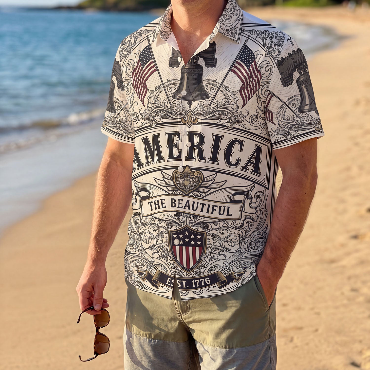 America The Beautiful 250th Anniversary Aloha Shirt - Vintage Liberty Bell 1776 2026 Patriotic Gift - Heritage Edition Hawaiian Button Down