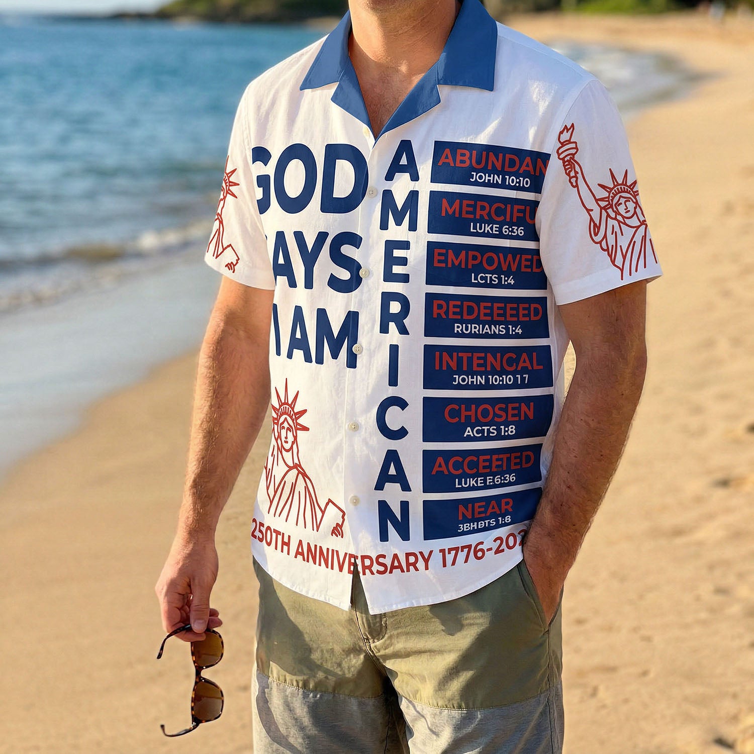 A male model wearing the white God Says I Am American religious shirt at a sunny beach showcasing a casual patriotic summer look for the 250th anniversary