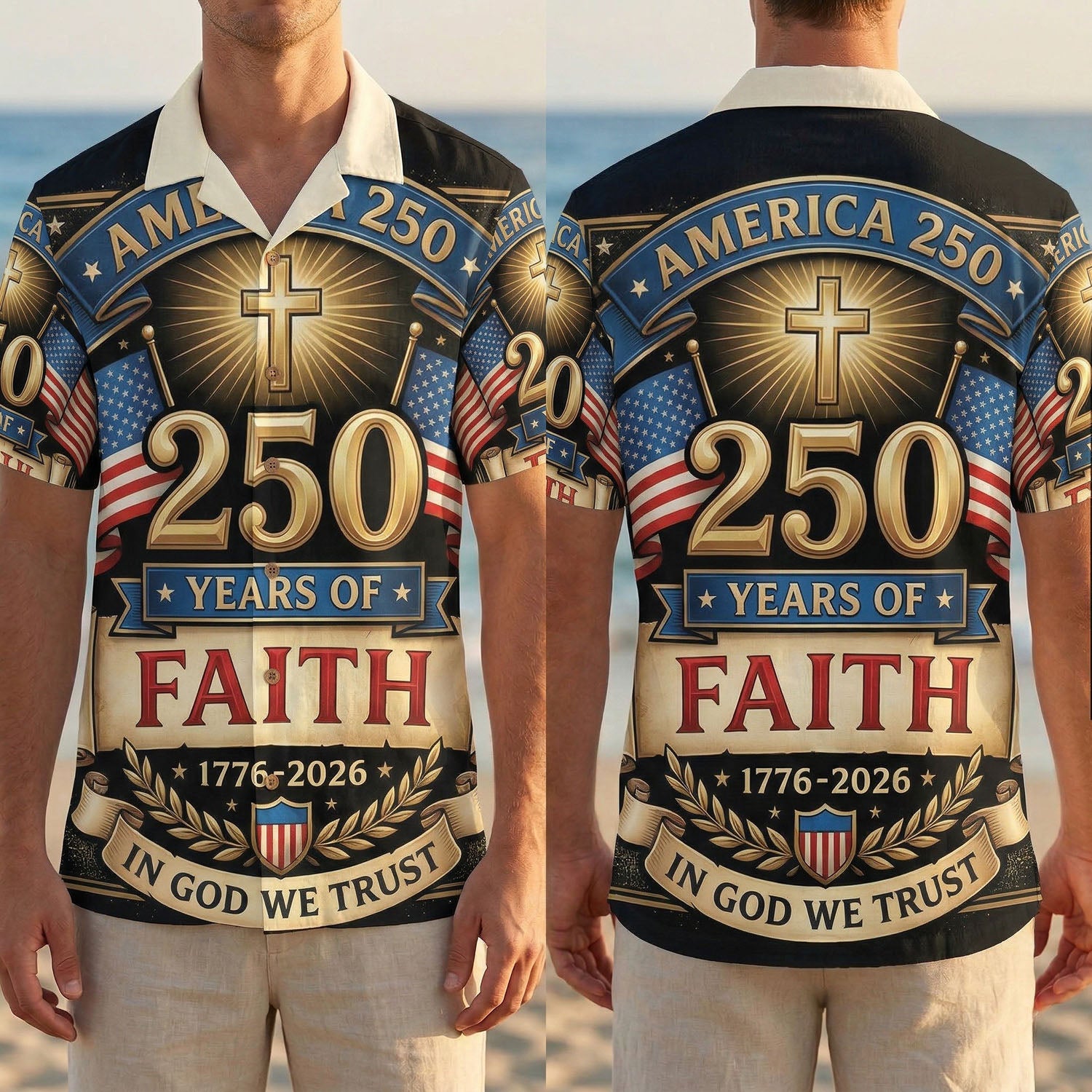 Full front and back display of the 250 Years of Freedom patriotic Hawaiian shirt with Christian cross and American heritage symbols by TKSGift.